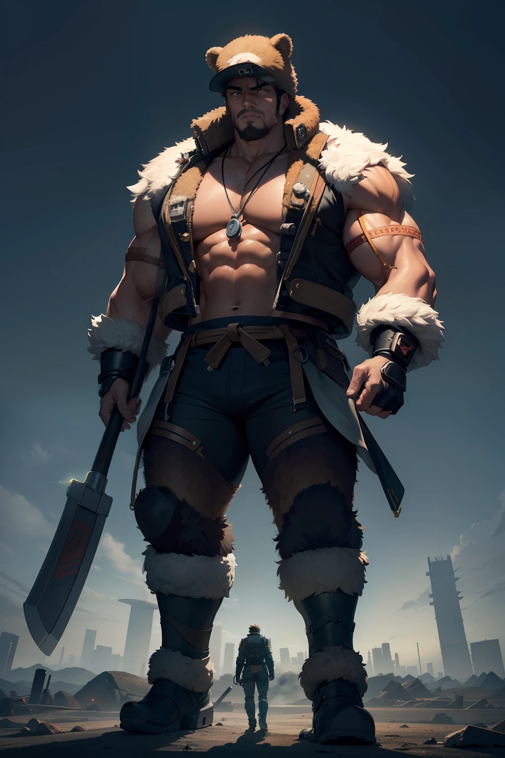 Visualize a cyberpunk scene set in the year 2500 on a desolate Earth. The central figure is Kintaro, a muscular, large Japanese man with a lively expression. He's armed with a massive energy axe, a tool used for chopping trees, and is dressed in a combat suit. A bear fur hat sits on his head, and a bear-shaped pendant, which serves as a power booster, hangs around his neck. Accompanying him is his pet, a gigantic bear. The color palette is dominated by gold and brown. The image should be hyper-realistic, highly detailed, and high-resolution 16k. The lighting should be neon and futuristic, casting an eerie glow on Kintaro, his pet bear, and the desolate landscape. Use a wide-angle lens to capture the vastness of the environment and a shallow depth of field to focus on Kintaro and his bear. --ar 16:9 --v 5.1 --style raw --q 2 --s 750