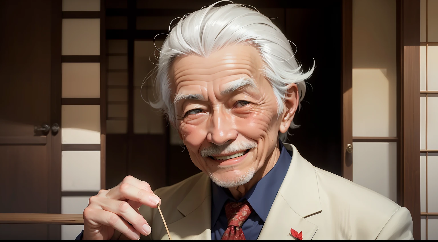 Por favor, Generate an image of an elderly Japanese man smiling. He has distinct traits of an elderly Japanese, como rugas suaves ao redor dos olhos e da boca, a pele possui um tom quente de marrom claro. Her silver hair is combed back in an elegant way. O homem tem olhos enrugados e expressivos, com pequenas rugas se formando ao redor deles quando sorri. His smile is friendly and warm, radiating a sense of serenity and wisdom accumulated over the years. He's wearing a suit. He's alone in the picture. The image captures the tranquility and genuine joy of the old man as he smiles.