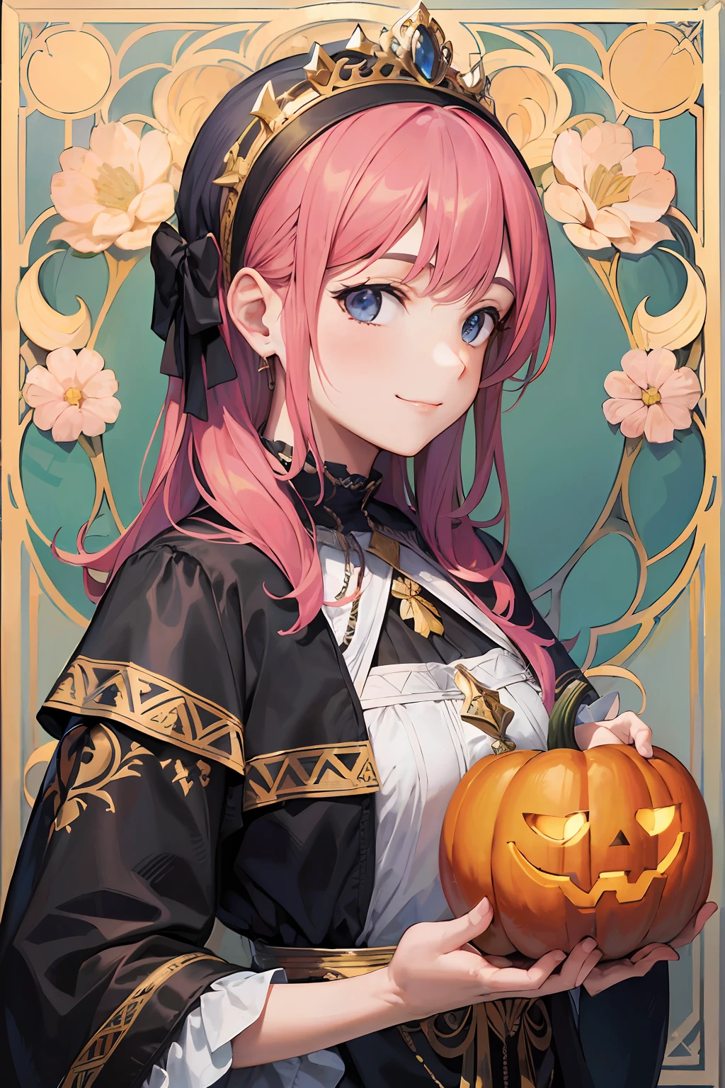 retrato facial de uma mulher (sorrindo) europeia,with headband, Drawing of a spooky background pumpkin, (dia das bruxas) cabelos longos e encaracolados, loiro, moldura floral, decorative panels, abstract art, Directed by: Alphonse Mucha (obra-prima, melhor qualidade, alta resolução: 1.4), detalhado, detalhes intrincados, 4k, salpicos de cores, arte de linha, Fibonacci ,