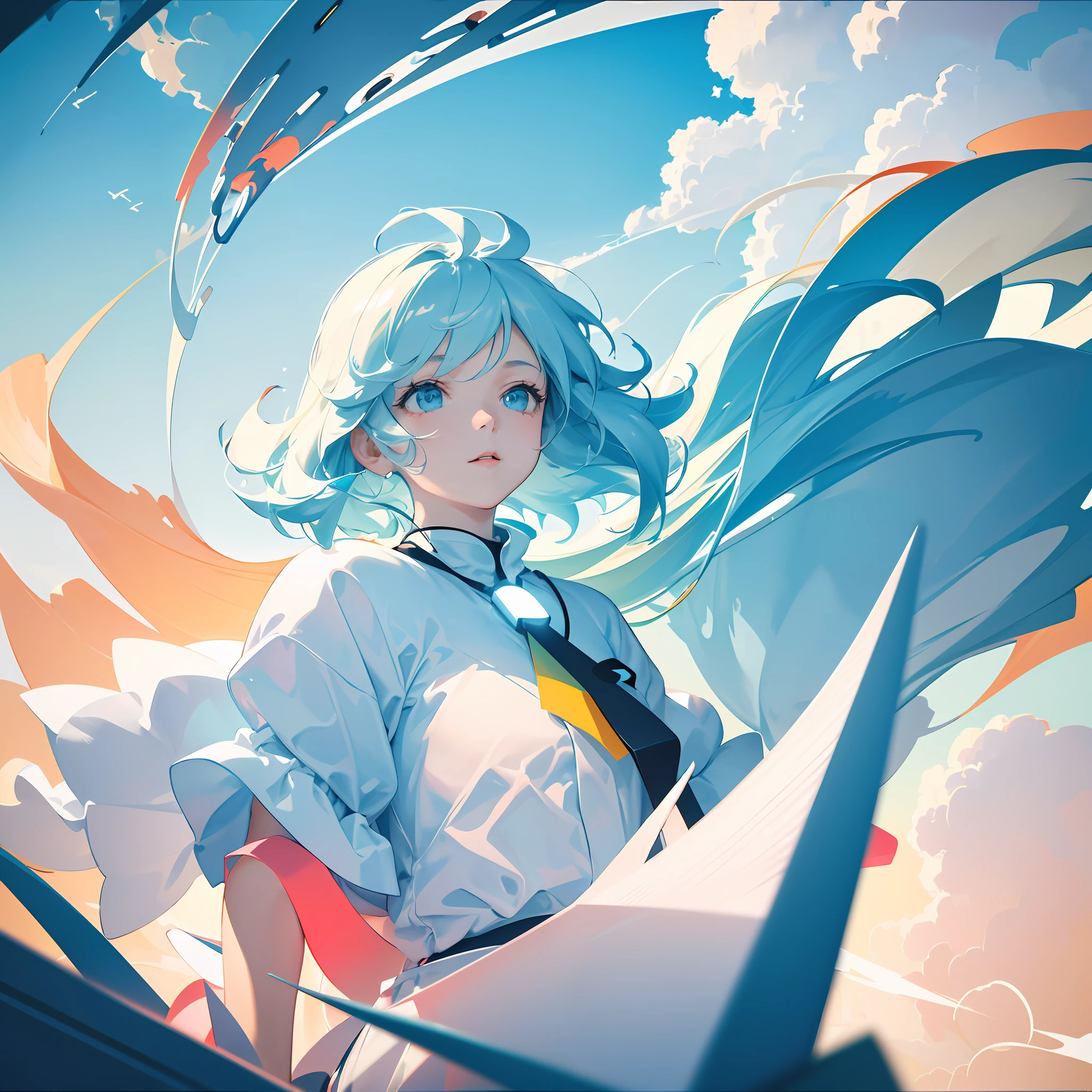 masterpiece, best quality, movie still, 1girl, floating in the sky, cloud girl, cloud, (close-up:1.1), bright, happy, fun, soft lighting, (Bauhaus, shapes, lines, abstract:1.1)