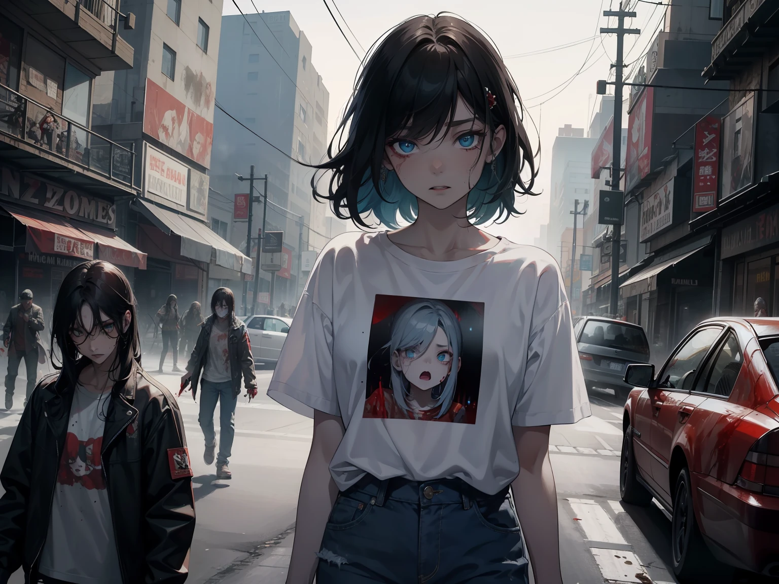 tmasterpiece, Best quality at best,((Background with:Zombies covered in blood)),Keep your neck straight、The expression is nervous,Melon seed face、Fair complexion、Girl in white t-shirt blue jeans,With a shovel in his hand,Realisticstyle,Run wildly on streets full of zombies,