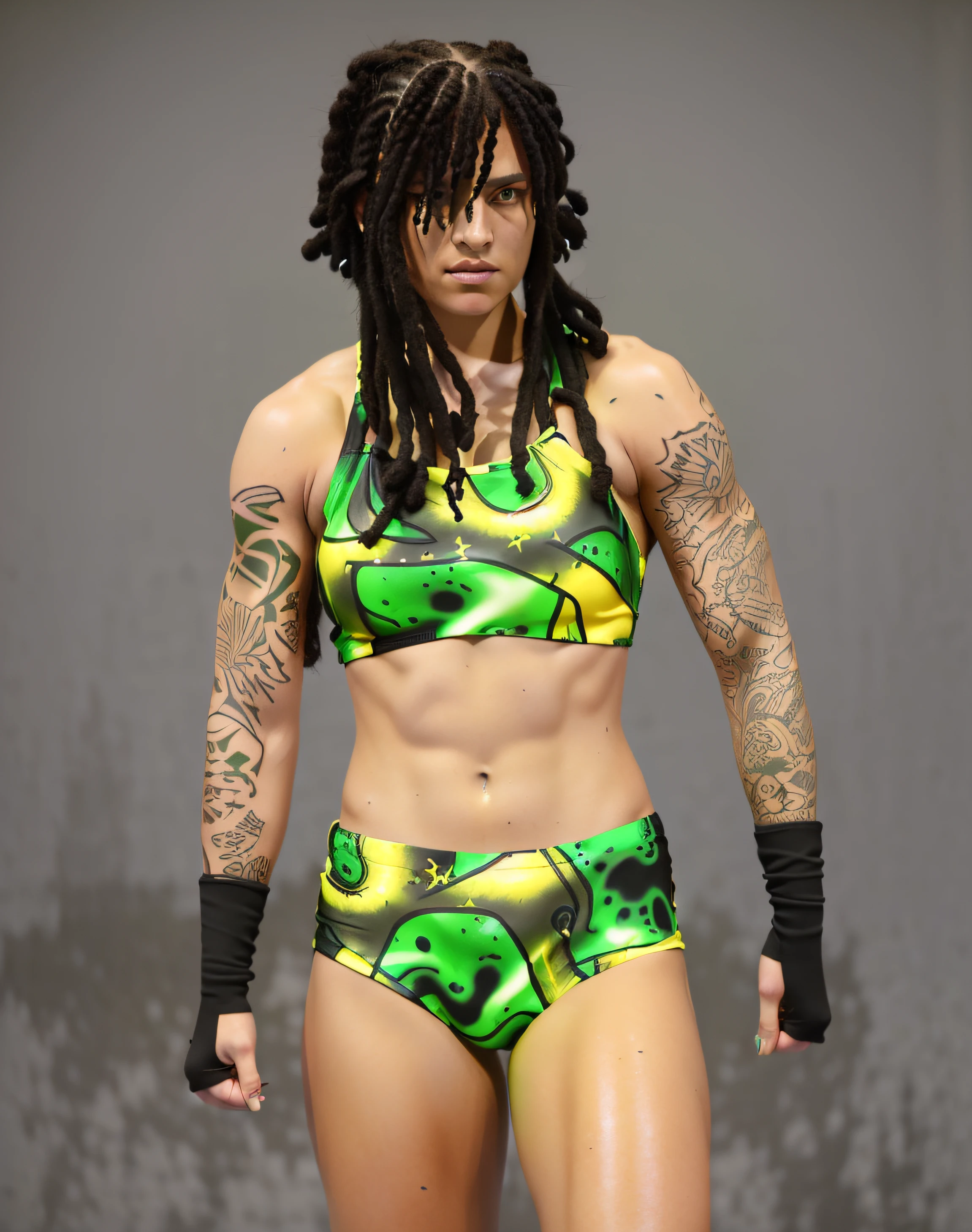 ((masterpiece, best quality)), Caucasian female wrestler with partial dreads, black fire tattoos, in green yellow and black slime patterned sports bra, green yellow and black slime patterned trunks, black hand-wraps, ((photo realistic)), intricate details