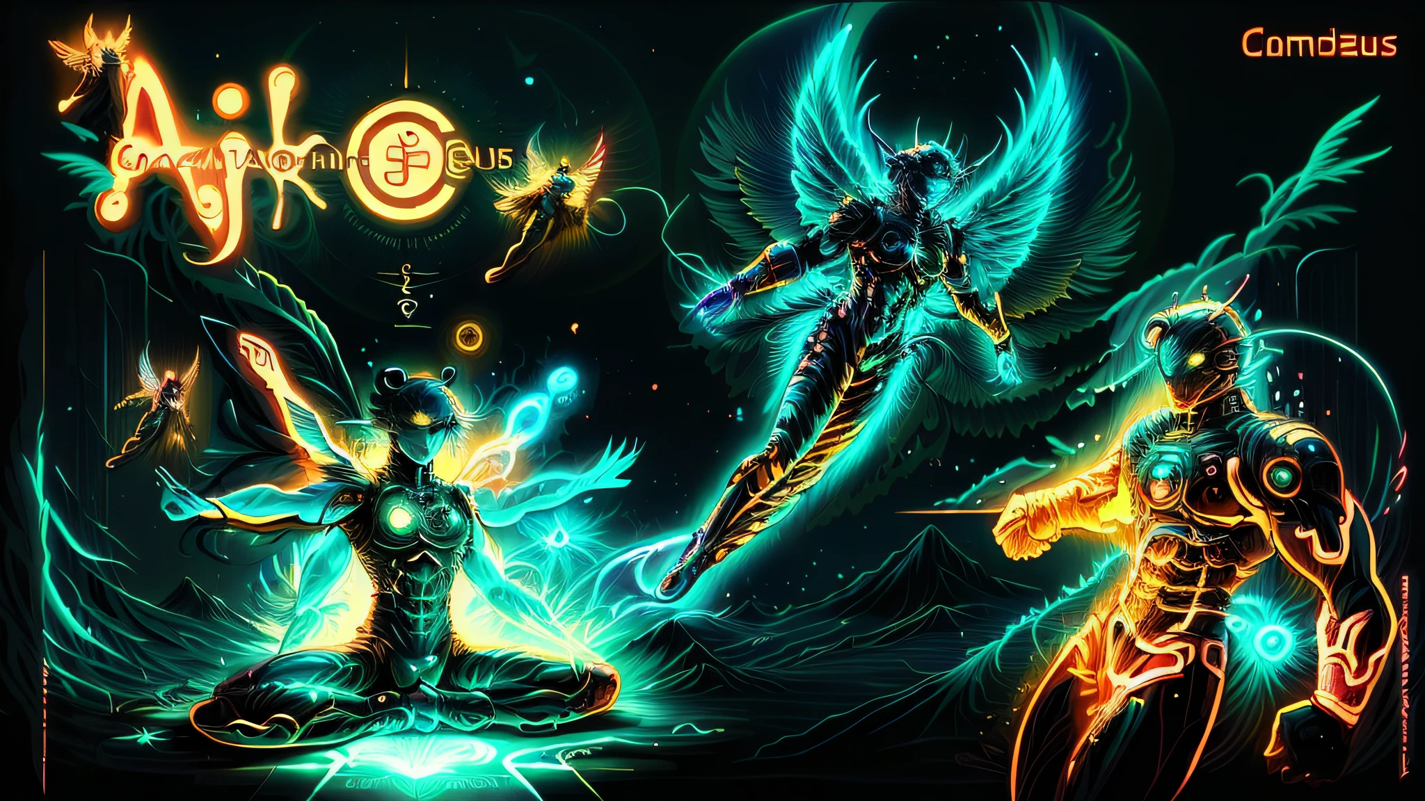 There are three different types of anime characters in this image, some cosmic angels, energetic beings patrolling, Energy Dynamic Pose, inspirado em Hiromu Arakawa, poder auras, arte de fundo, Potencializando a Aura, energia do toro, an epic anime of a energy man, Transhumanist Dance, inspired by Mœbius, seres solares, 8k, ultra realista