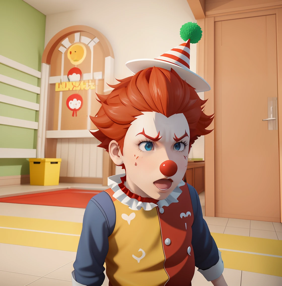 Drawn as 2D manga anime, Very angry cartoon boy with red hair and a clown hat in, Penteado vermelho Ronald McDonald, Avatar do Second Life, avatar Roblox, Avatar de videogame, Cabelo vermelho de Ronald McDonald, Anime estilo 3D, Captura de tela do jogo Life Simulator, bryce 3 d estilo, 3D estilizado, wearing a party hat, Captura de tela do videogame>, Estilo Pennywise, videogame ainda, Personagem 3D