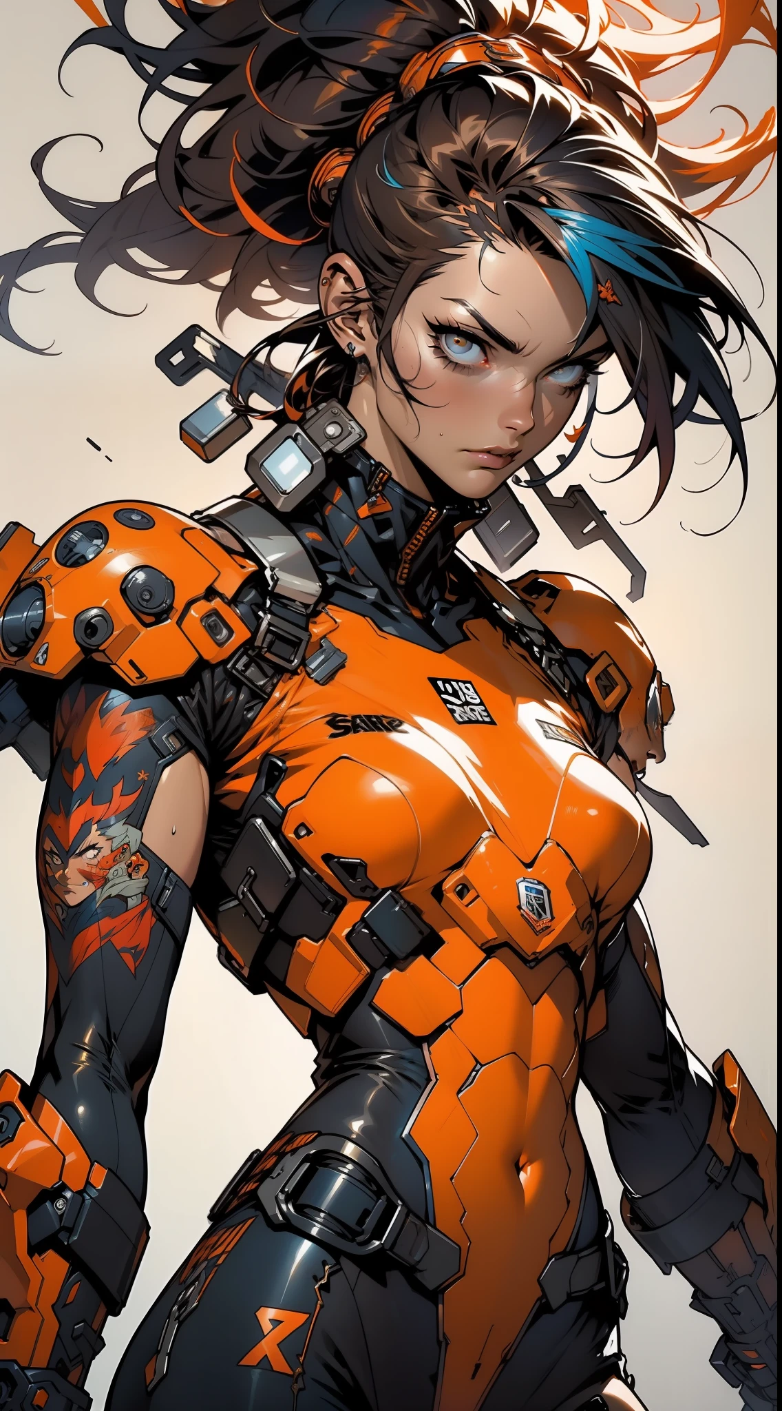 (((woman))), (((best quality))), (((masterpiece))), (((adult))), A muscular 35-year-old warrior woman nearly naked in Simon Bisley's urban savage style for the cover of Heavy Metal magazine, colorful mohawk hair, Minimal clothing, orange and blue carbon fiber armor full of ink-stained spikes and rivets,