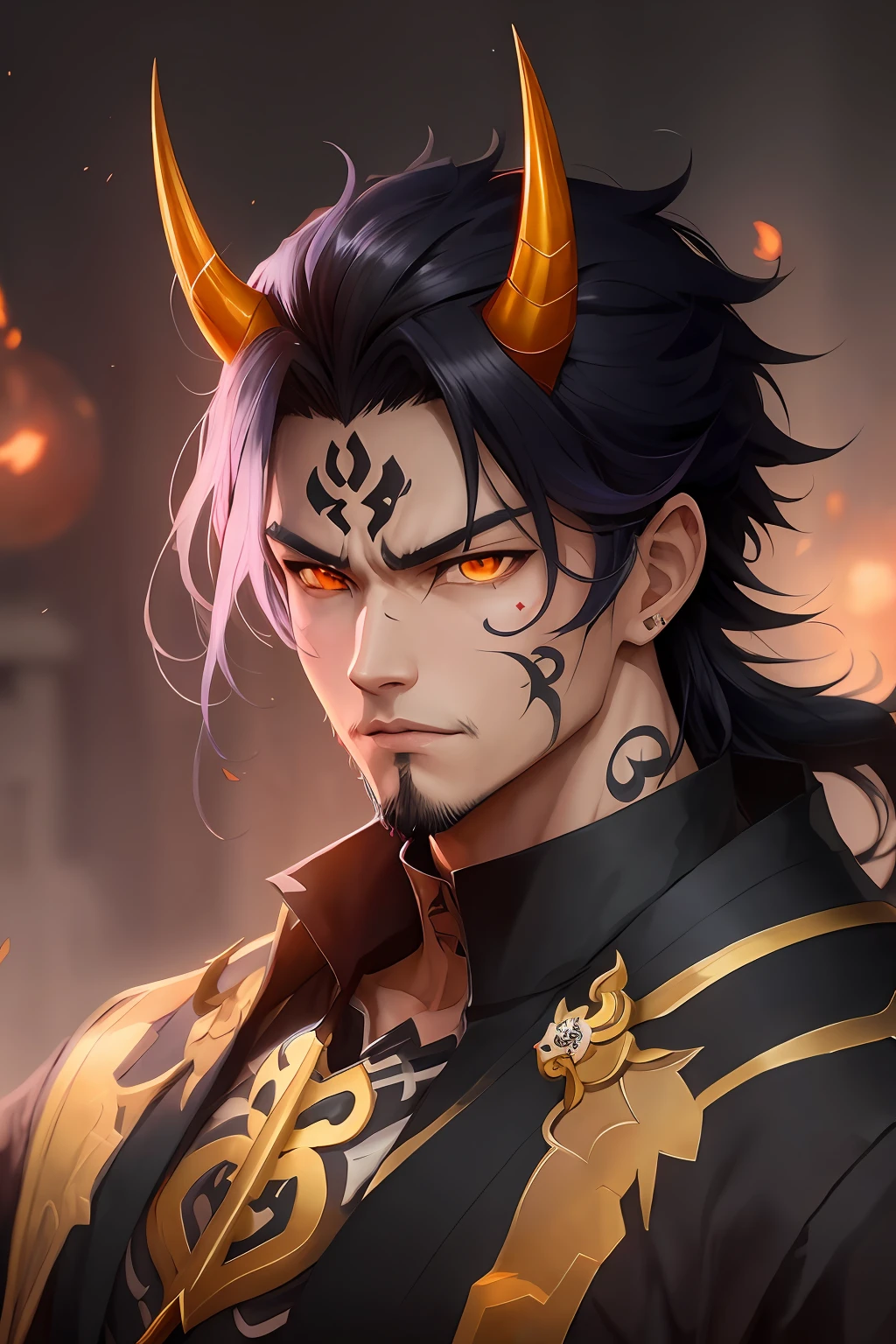 Anime character with horns and a demon face with a golden eye and a short beard, handsome guy in demon slayer art, handsome japanese demon boy, Yang J, keqing from genshin impact, zhongli from genshin impact, fit male demon with white horns, badass anime 8 k, human male demon, detailed anime character art, heise jinyao, demon slayer artstyle