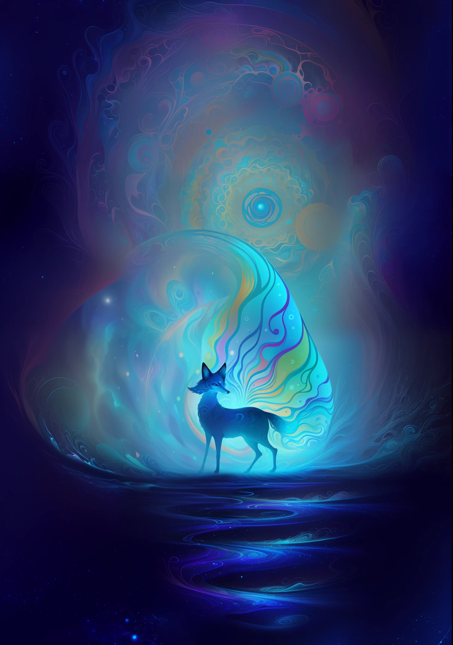 (Psychedelic drawing of a fox with three tails standing in front of a colorful swirl),(A fox with three tails ,red fox)),Bright colors,Thick lines,wave,Multi-layered,foreground、Faraway view、fractal thunder dan mumford,Dammford and Alex grey style,Psychedelic surrealist art,Surrealist psychedelic design,dream art style,Illusion psychedelic art,Infinite psychedelic waves,inspired by Cyril Rolando (Cyril Rolando),Authentic ripple structure,Psychedelic art style,trippy art,Psychedelic illustration - V6