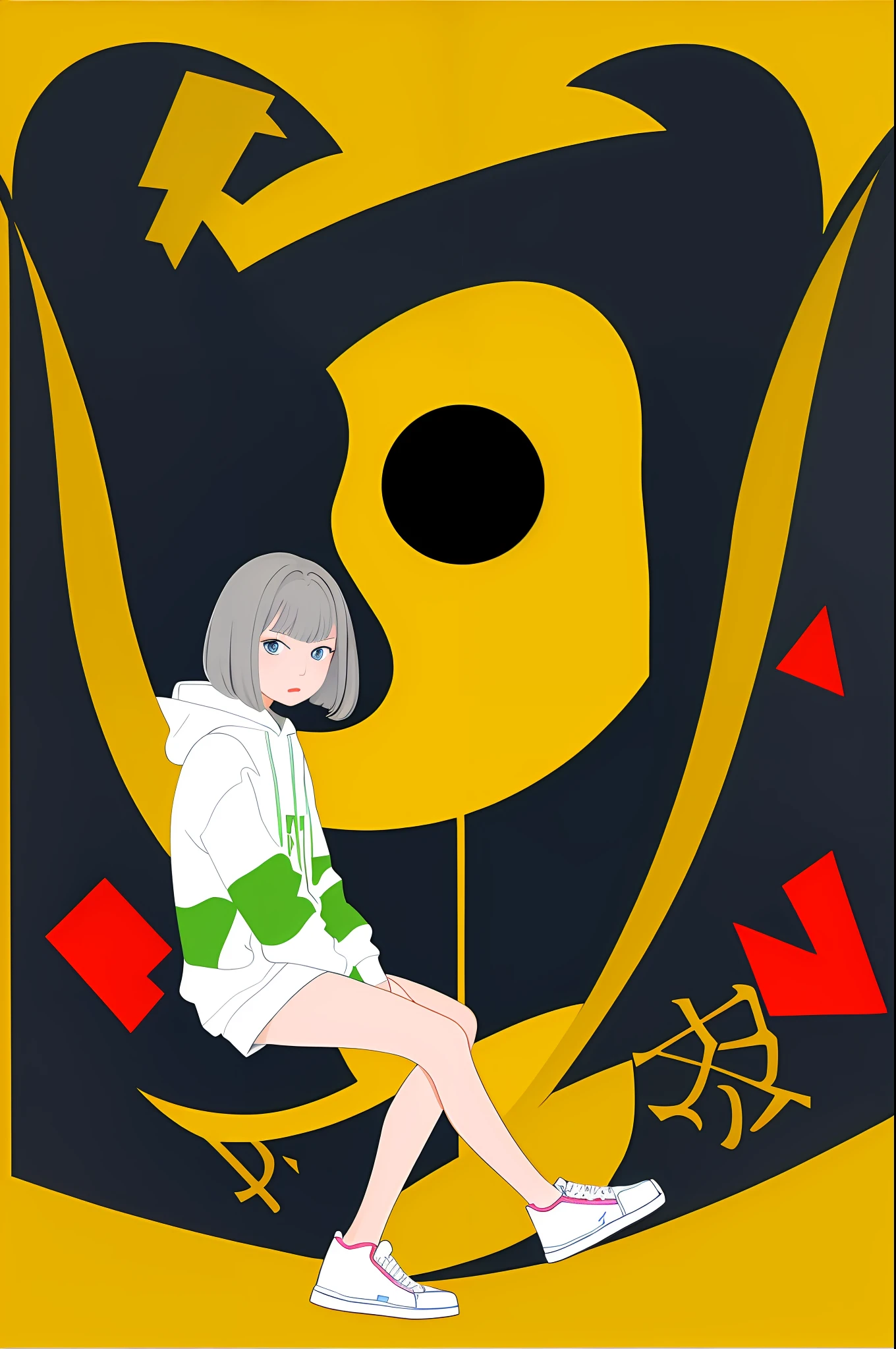 1girl in, Vector art, flat-colors, pop-art, Pattern, city scenery, Hoodie, Shorts, sneakers, bob cuts, Full body, Pose, Squatting, lofi color, (Hyperov), (masutepiece,Best Quality:1.5)