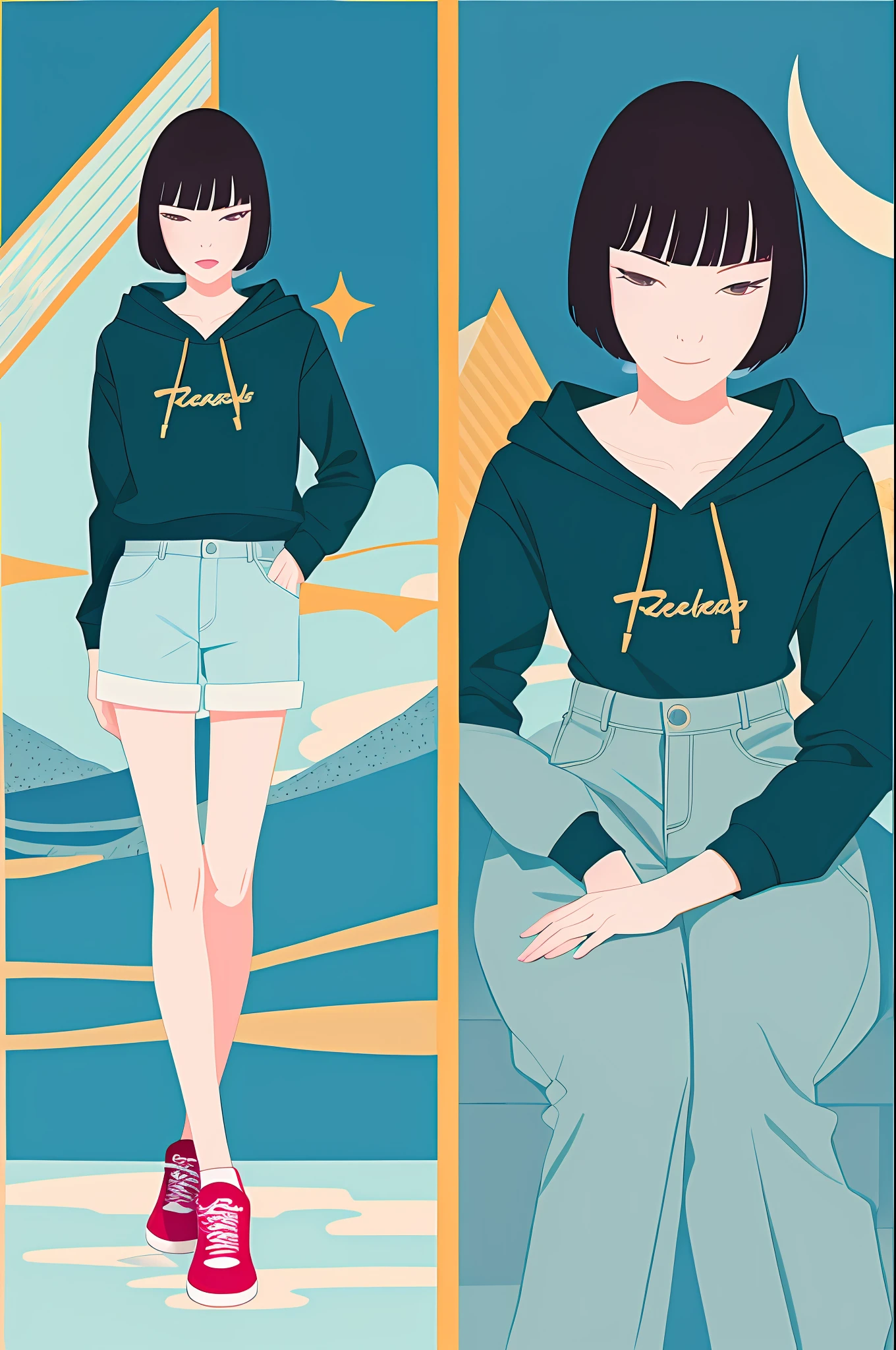 1girl in, Vector art, flat-colors, pop-art, Pattern, city scenery, Hoodie, Shorts, sneakers, bob cuts, Full body, Pose, Squatting, lofi color, (Hyperov), (masutepiece,Best Quality:1.5)