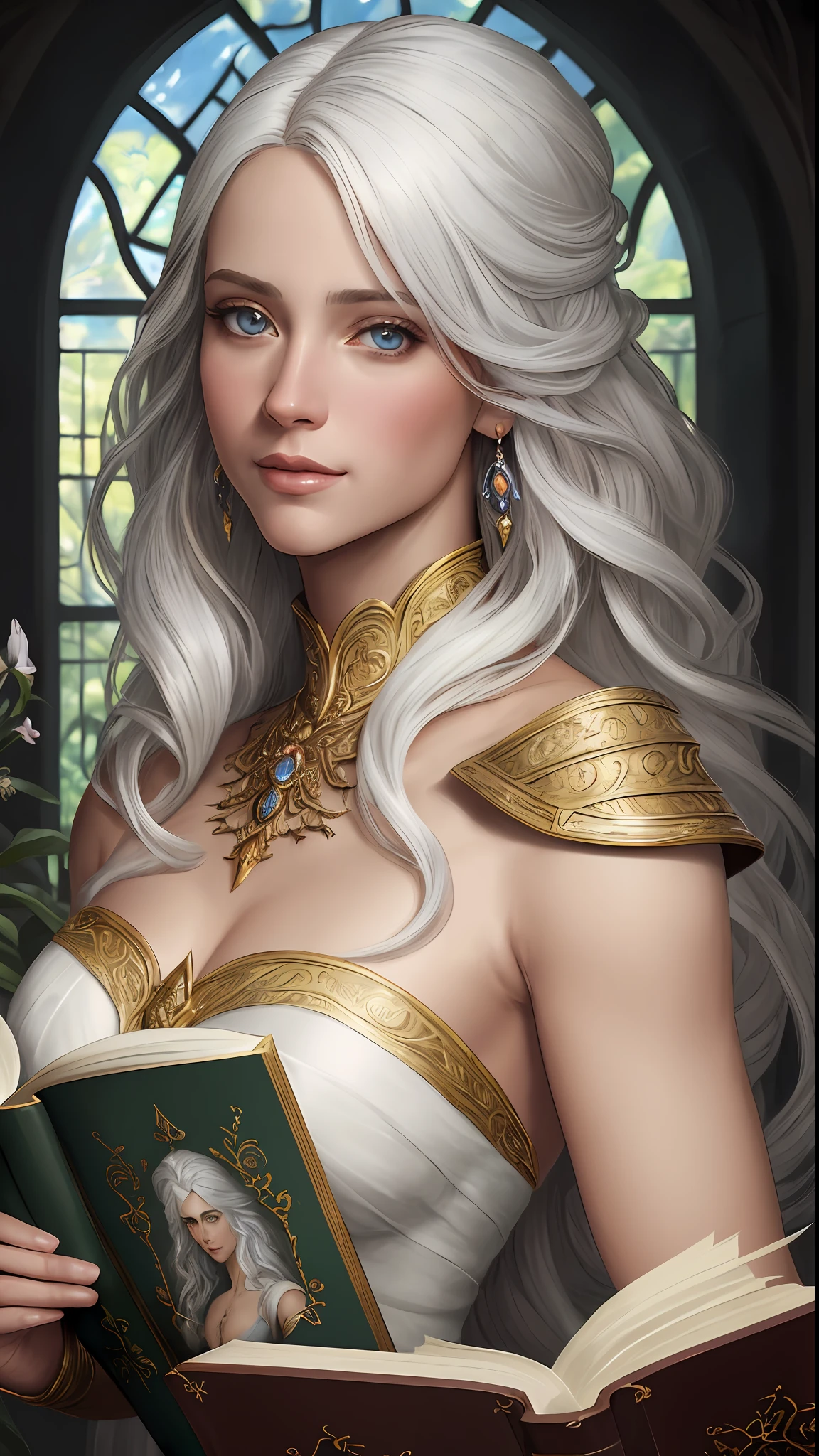 Retrato 8k de um belo ciborgue com cabelo castanho, intrincado, elegante, altamente detalhado, majestoso, fotografia digital, arte de artgerm e ruan jia e greg rutkowski pintura surreal de borboleta dourada filigrana, vidro quebrado (obra-prima, side-lighting, belos olhos finamente detalhados: 1.2 ), hdrBlonde woman with white hair holding a book in her hands, realistic fantasy illustration, retrato da arte da fantasia, No estilo de arte de Bowater, retrato do livro do RPG, retrato de fantasia digital, retrato bonito da arte da fantasia, art cover illustration, fada do livro adulto bonita, retrato de fantasia fosco detalhado, retrato do characture da fantasia, fantasy book illustration, mulher da fantasia, deusa. Detalhes extremamente alto