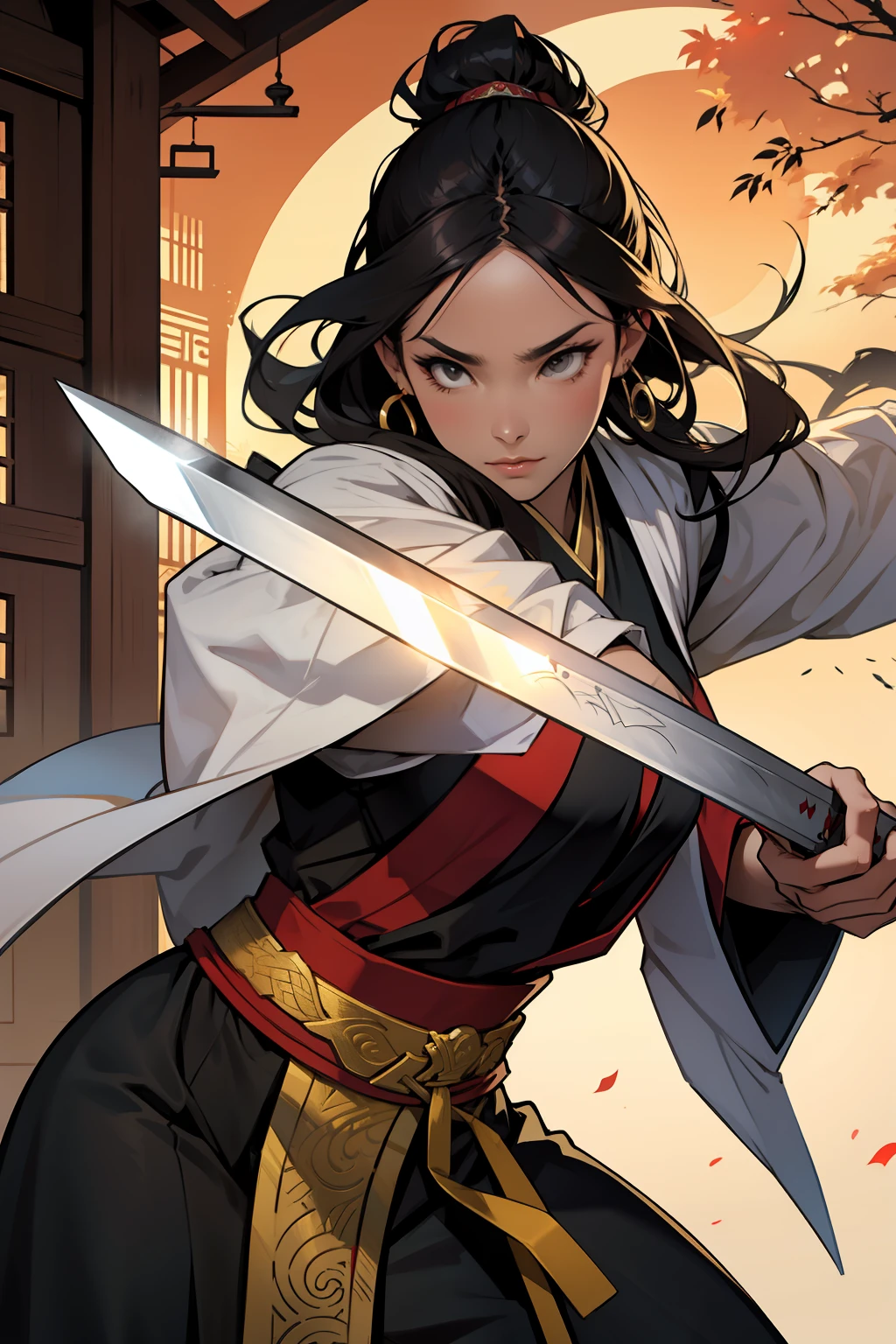 (Best quality at best),Detailed oriental architectural background,King of the East,woman,martial art,With a sword,