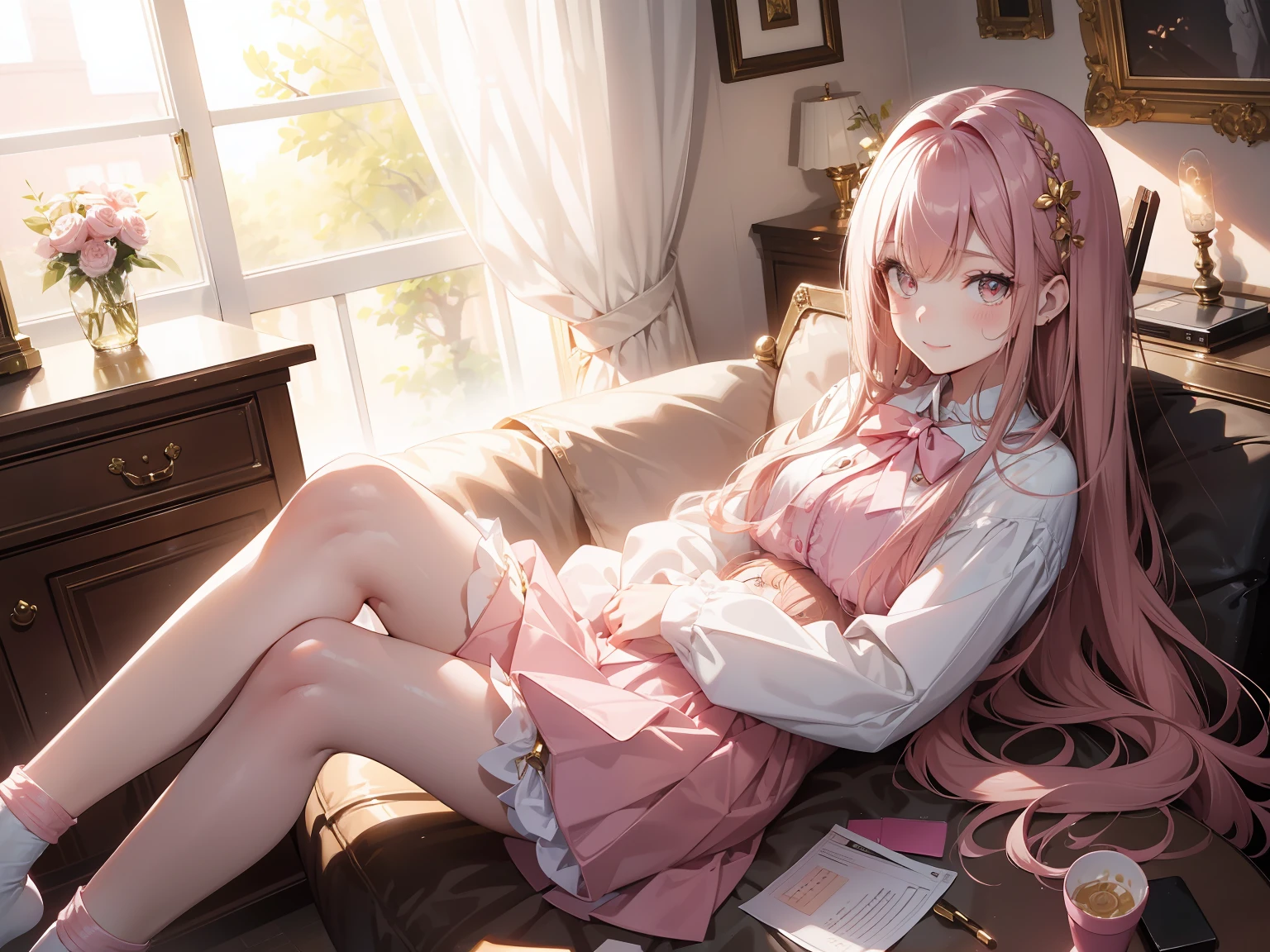 tmasterpiece, Best quality,Golden eyes, Straight hair、Melon seed face、Girl with delicate makeup,Pink puffy skirt,Realisticstyle,sitting in a room,Opposite the computer,live footage,Smile at the light;