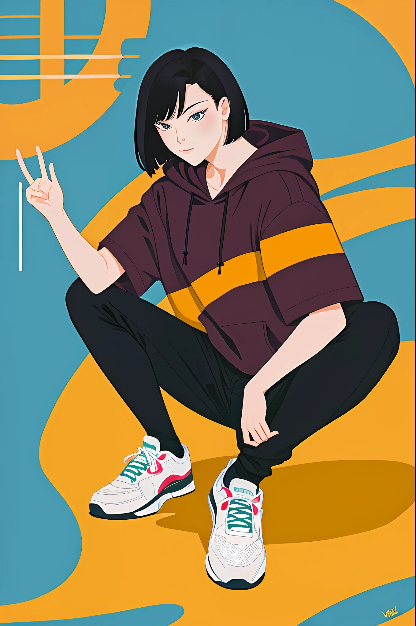 1girl in, Vector art, flat-colors, pop-art, Pattern, city scenery, Hoodie, Shorts, sneakers, bob cuts, Full body, Pose, Squatting, lofi color, (Hiperov), (masutepiece,Best Quality:1.5)