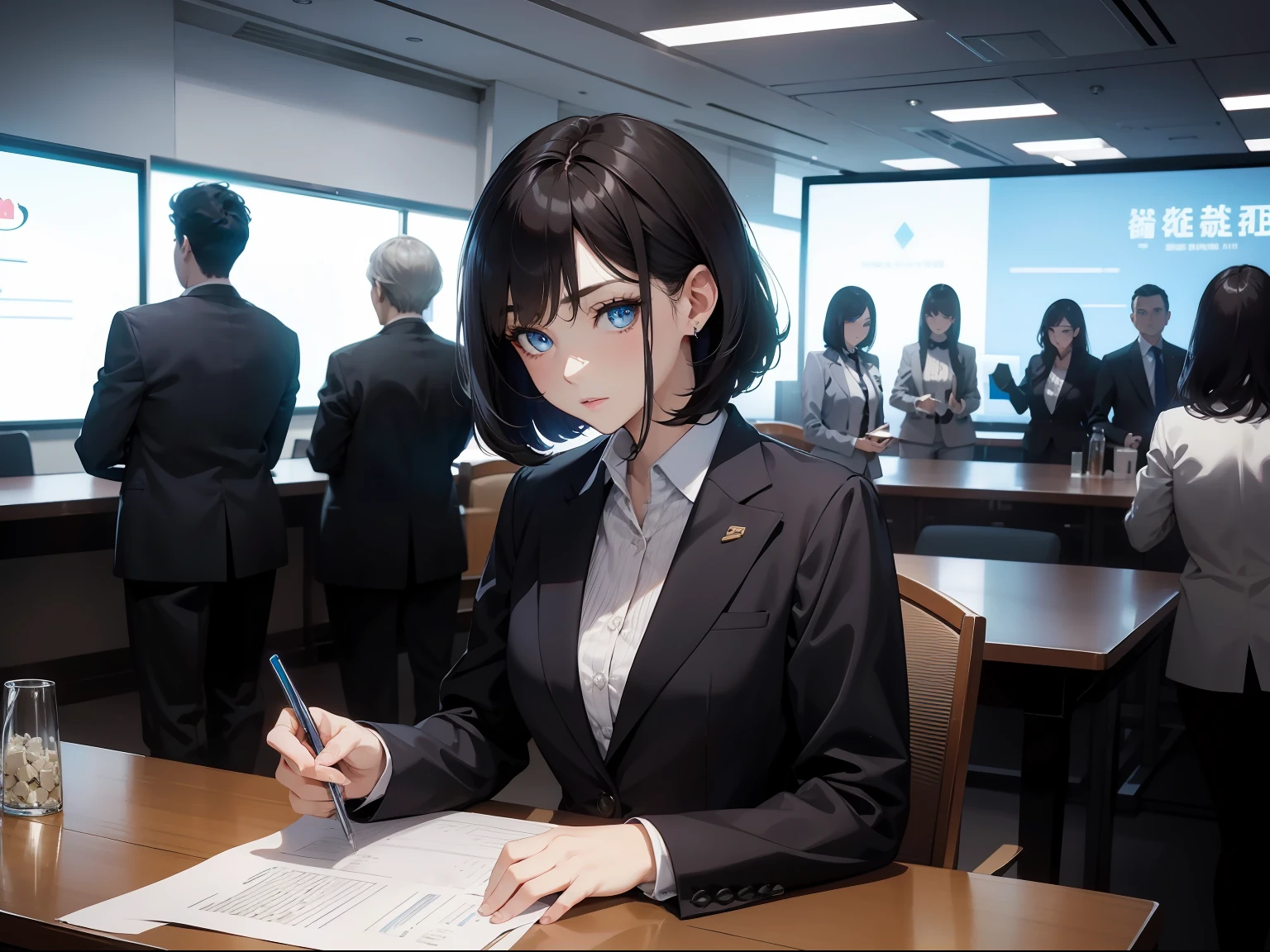 tmasterpiece, Best quality,short detailed hair、eBlue eyes,Melon seed face、Fair complexion、Professional suit women's clothing,Realisticstyle,Stand in a conference room to interpret documents,Frontal angle;