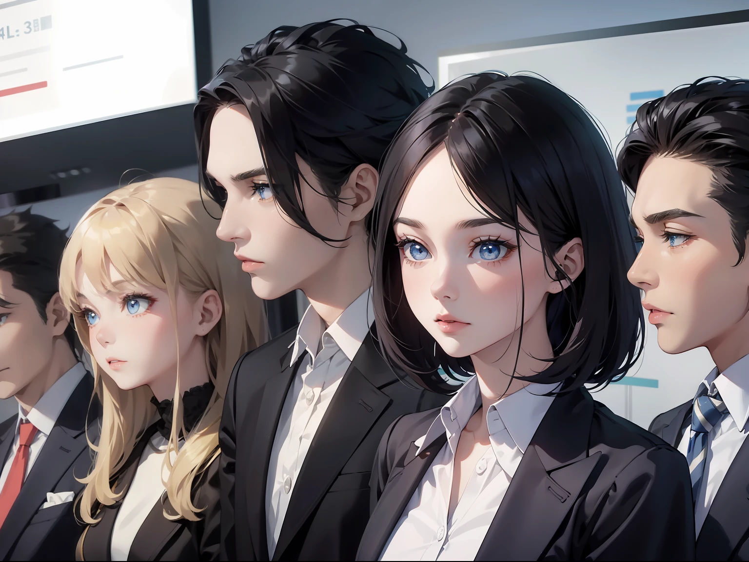 tmasterpiece, Best quality,short detailed hair、eBlue eyes,Melon seed face、Fair complexion、Professional suit women's clothing,Realisticstyle,Stand in a conference room to interpret documents,Frontal angle;
