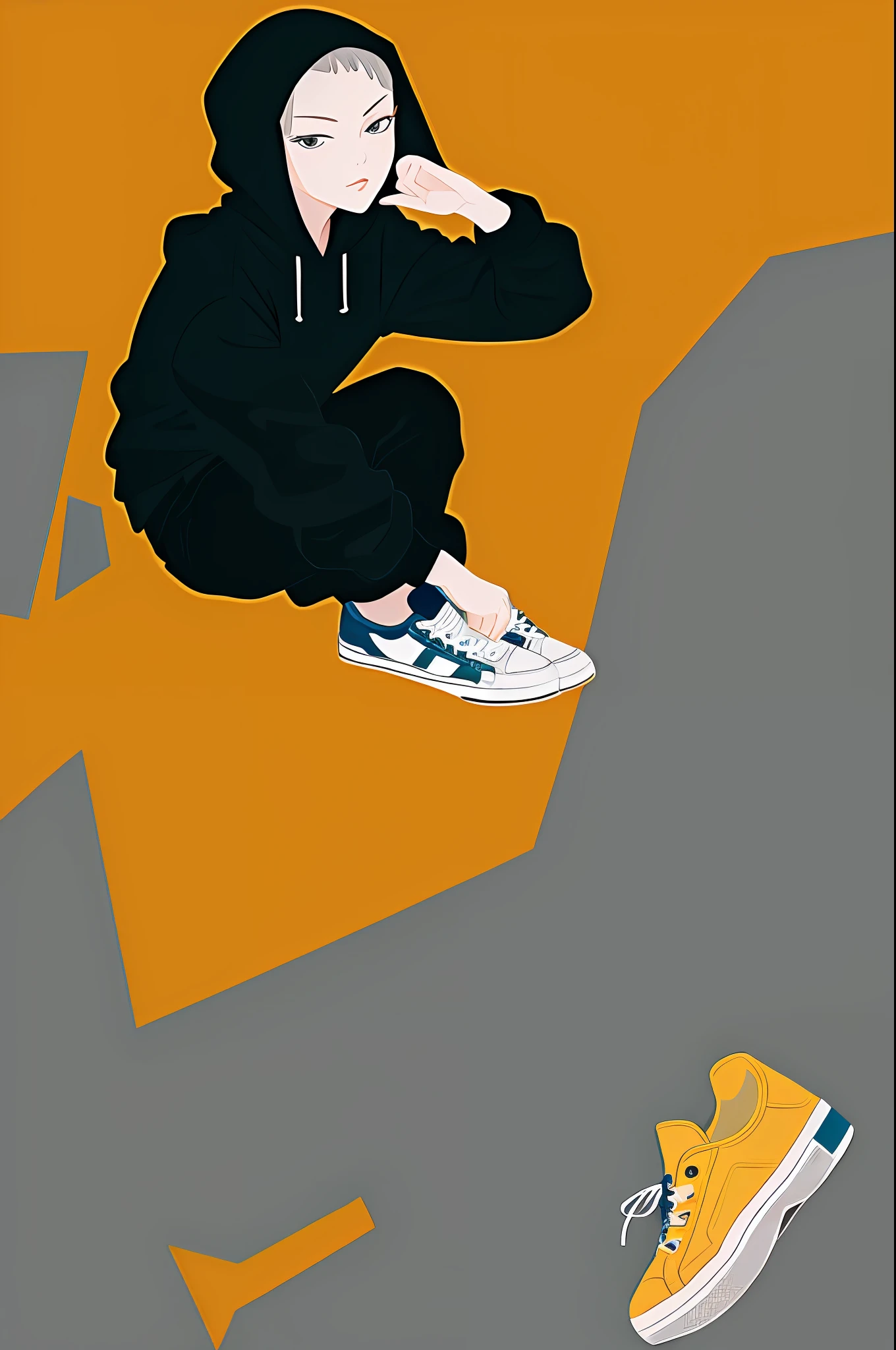 1girl in, Vector art, flat-colors, pop-art, Pattern, city scenery, Hoodie, Shorts, sneakers, bob cuts, Full body, Pose, Squatting, lofi color, (Hiperov), (masutepiece,Best Quality:1.5)