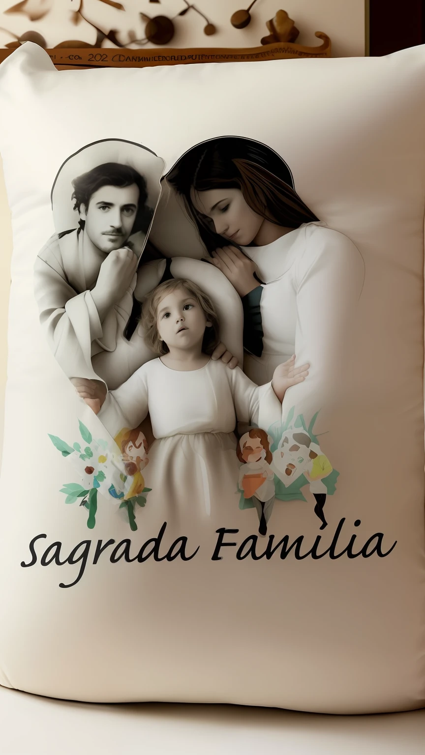 a closeup of a pillow with a photo of a family, Detalhes adicionais, Directed by: Antonio Saura, Directed by: Antonio de la Gandara, by Francisco Zúñiga, medium detail, Muito Detalhe, 256x256, 2 5 6 x 2 5 6, Banners de pano, Hosada, Directed by: Rodolfo Escalera, excelente detalhe