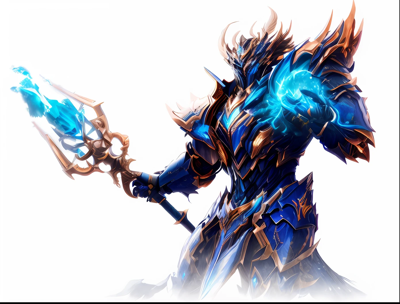 4K, Masterpiece, highres, absurdres,
edgThunderstruck, a male character with a blue and gold armor ,wearing edgThunderstruck_armor, electrified, weilding thunder