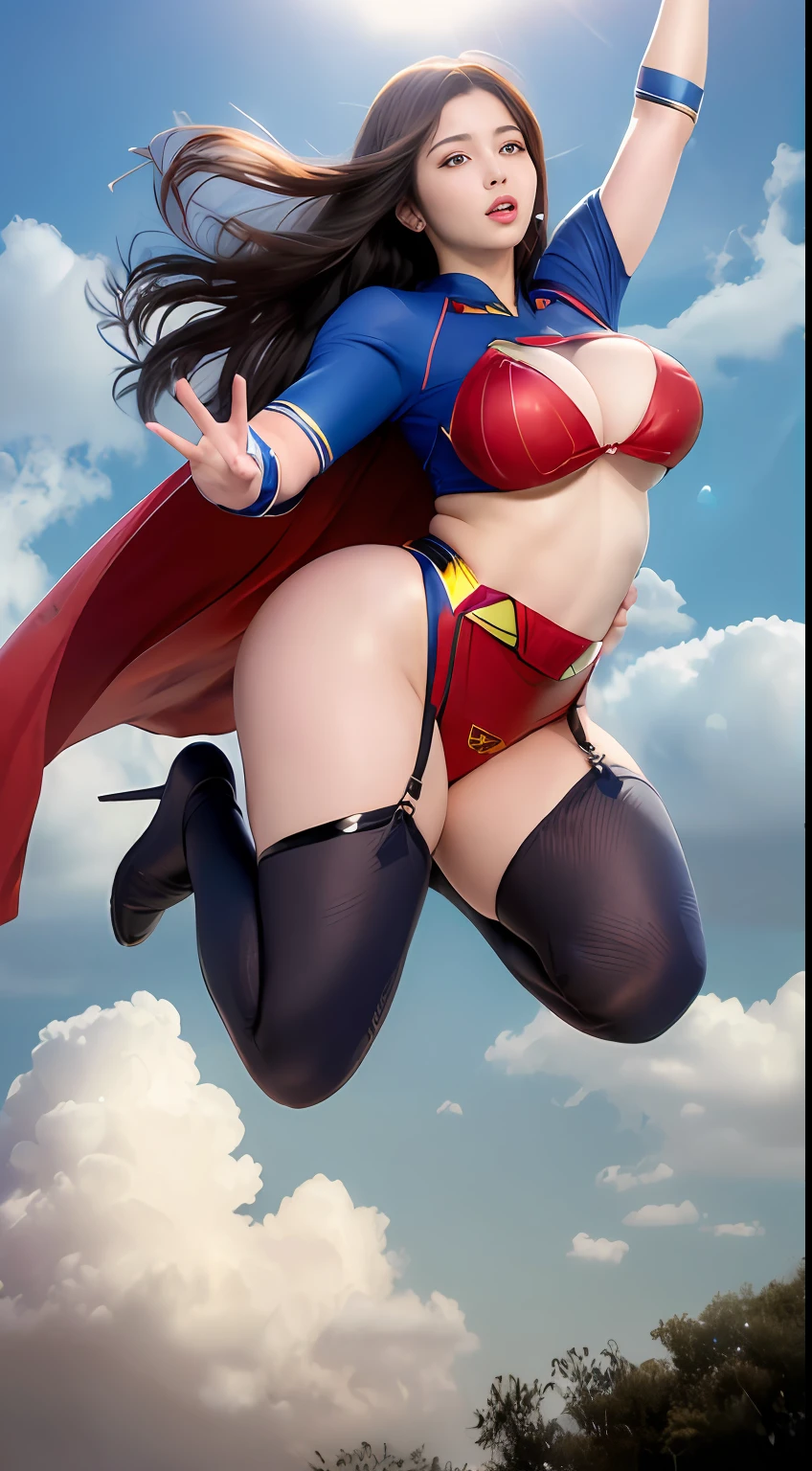 ((Top Quality, 8K, Masterpiece: 1.3)), Incredibly Cute Beauty, 1 girl, full body, long black hair, super plump boobs, boobs, wearing superman clothes, flying in the air, the sky is cloudy bright, the sun is shining,