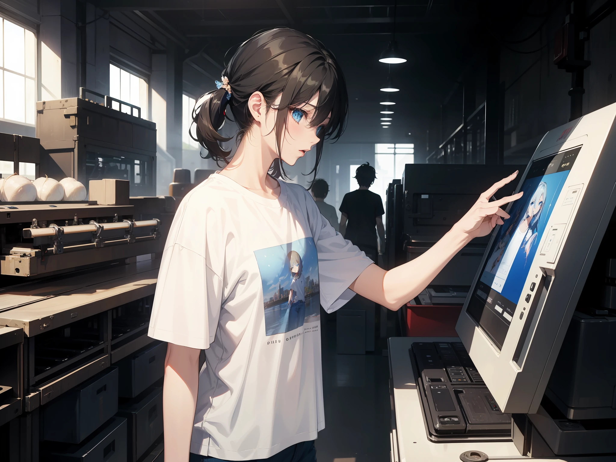 tmasterpiece,Best quality at best,short detailed hair、eBlue eyes,Melon seed face、Fair complexion、Girl in white t-shirt blue jeans,Realisticstyle,Factory machines roar,The boss blushed and twisted,Side view;