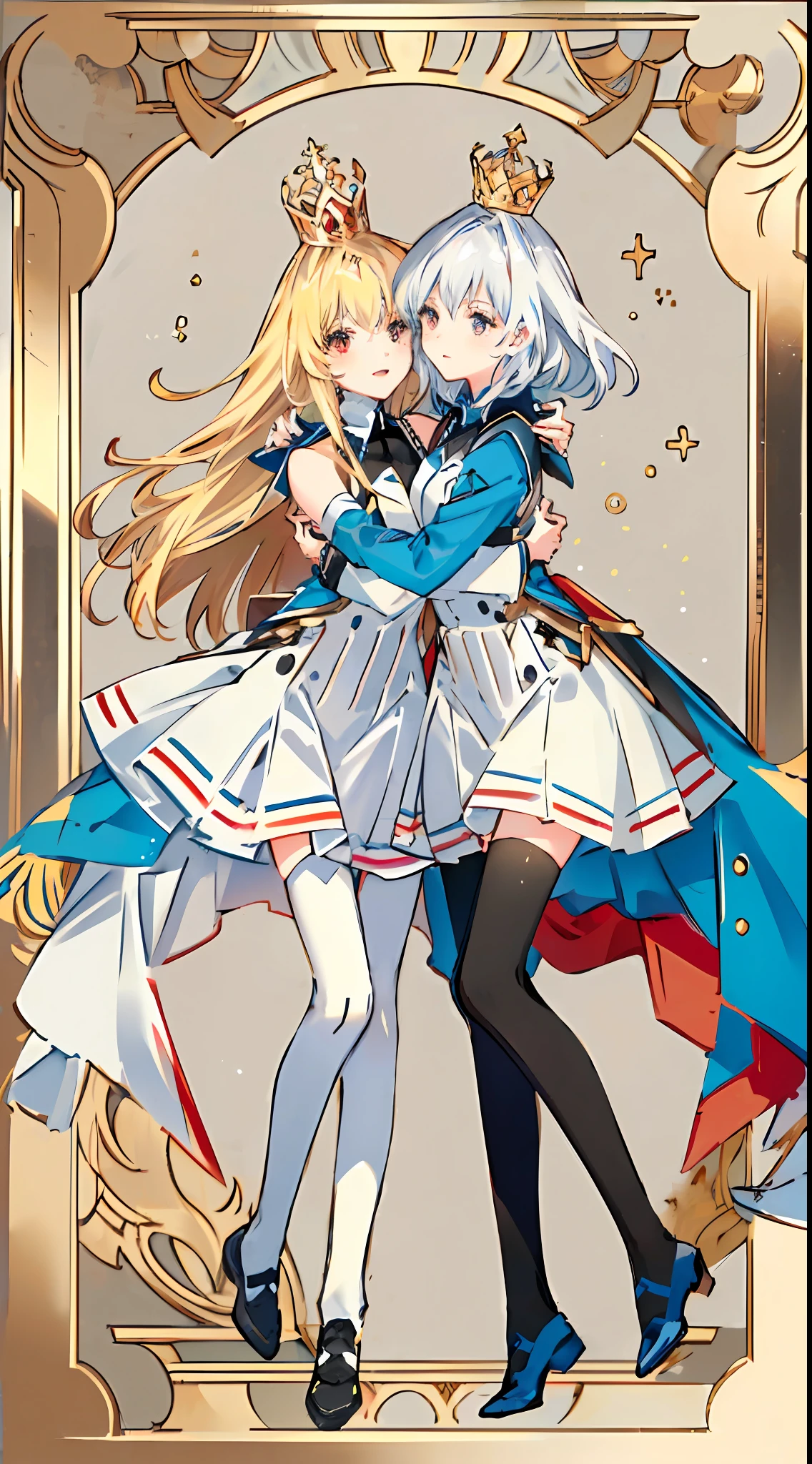 (((The two girls on the left and right hugged each other))),(Be red in the face),is shy,((The girl on the left has long white hair and red pupils,The girl on the right has long blonde hair;The flat-chested girl on the left is dressed in black, The girl with breasts on the right is dressed in white ;On the left is the queen of the Empire of Social Fear,On the right is the cold god;The girl on the left is bare-legged,No stockings,The girl on the right is wearing black stockings)),Stand upright,face expressionless,best qualtiy,(Royal Sister),Beautiful wallpapers,8k,((well detailed face)),(The characters are the main part)