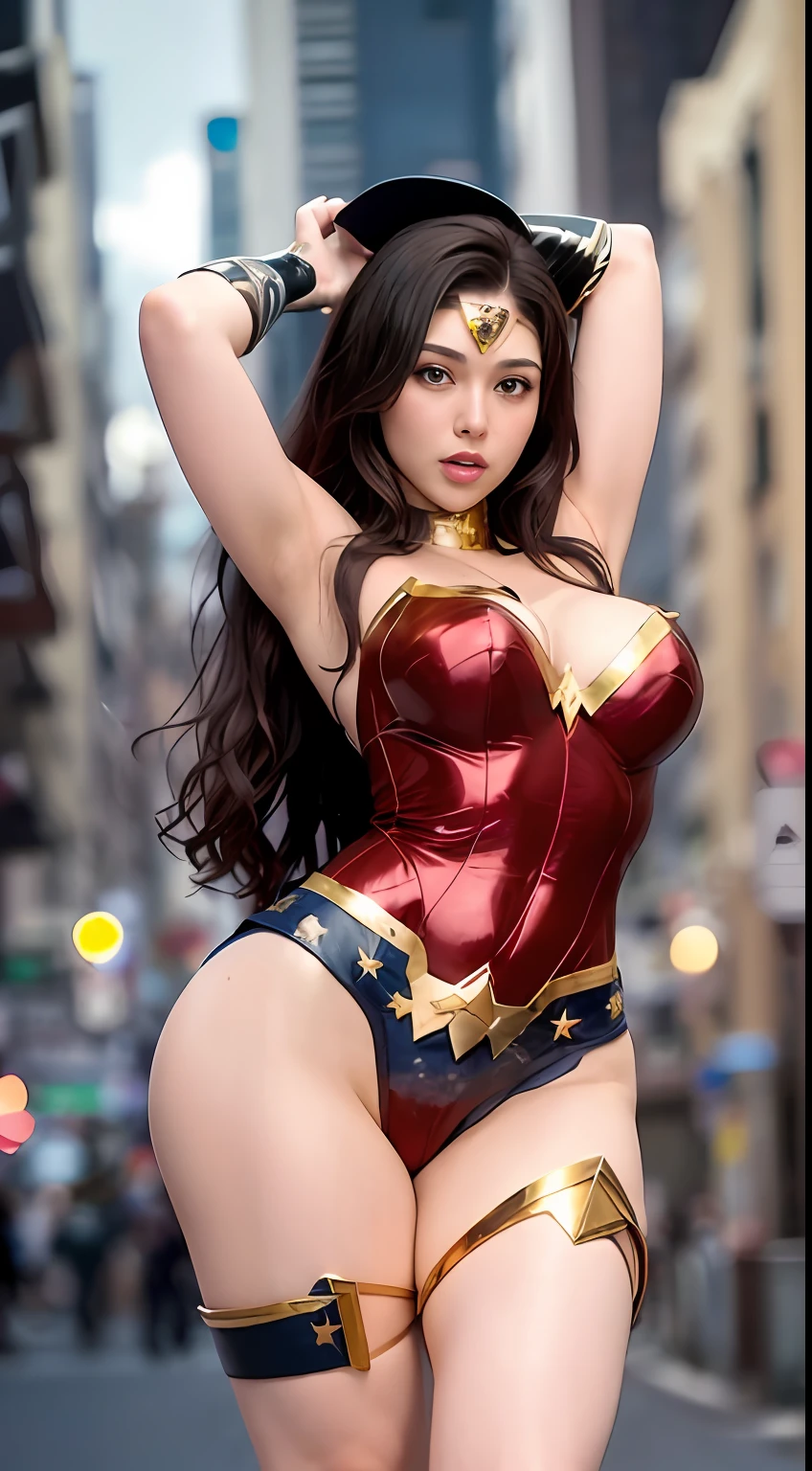 ((Best Quality, 8K, Masterpiece: 1.3)), Incredibly Cute Beauty, 1 girl, full body, long black hair, super plump boobs, boobs, best quality, 1girl, solo, wonder woman, breasts, looking at viewer, upper body, black hair,  brown eyes,  cityscape, blurry background,