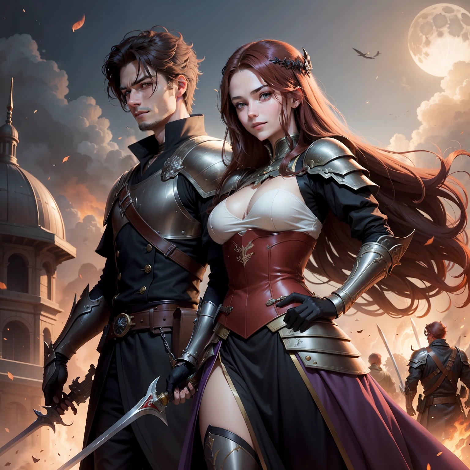 Men with brown hair using a swordsman suit having âmbar eyes and a strong smile. besides the man is a girl with Long red hair and giant boobs she uses a black dress with armor parts she has purple eyes and both of them are equiped with swords blades and pistols and they are in the middle of a battlefield fire in the background during midnight with the light of the moon lighting the scenario