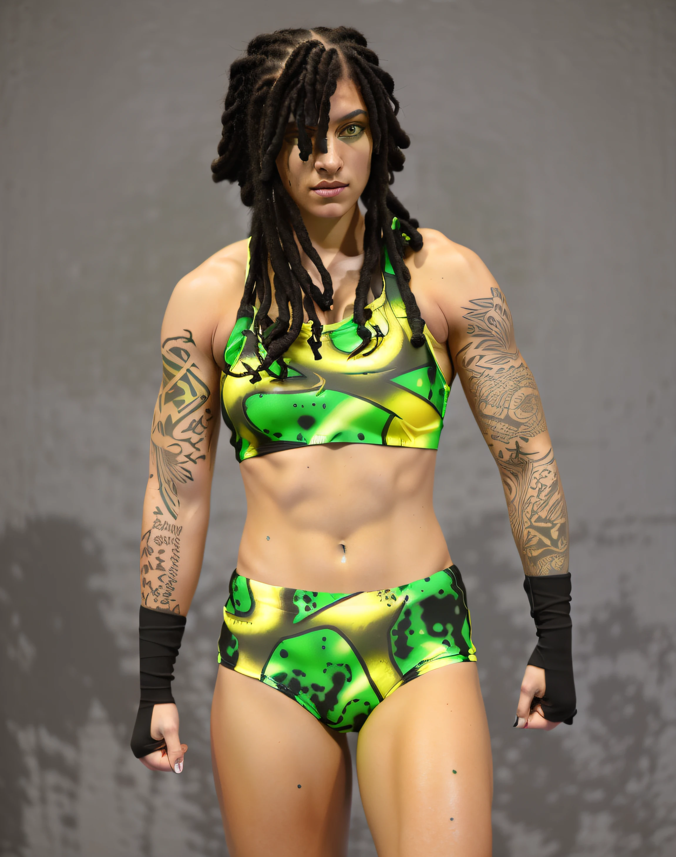 ((masterpiece, best quality)), Caucasian female wrestler with partial dreads, black fire tattoos, in green yellow and black slime patterned sports bra, green yellow and black slime patterned trunks, black hand-wraps, ((photo realistic)), intricate details
