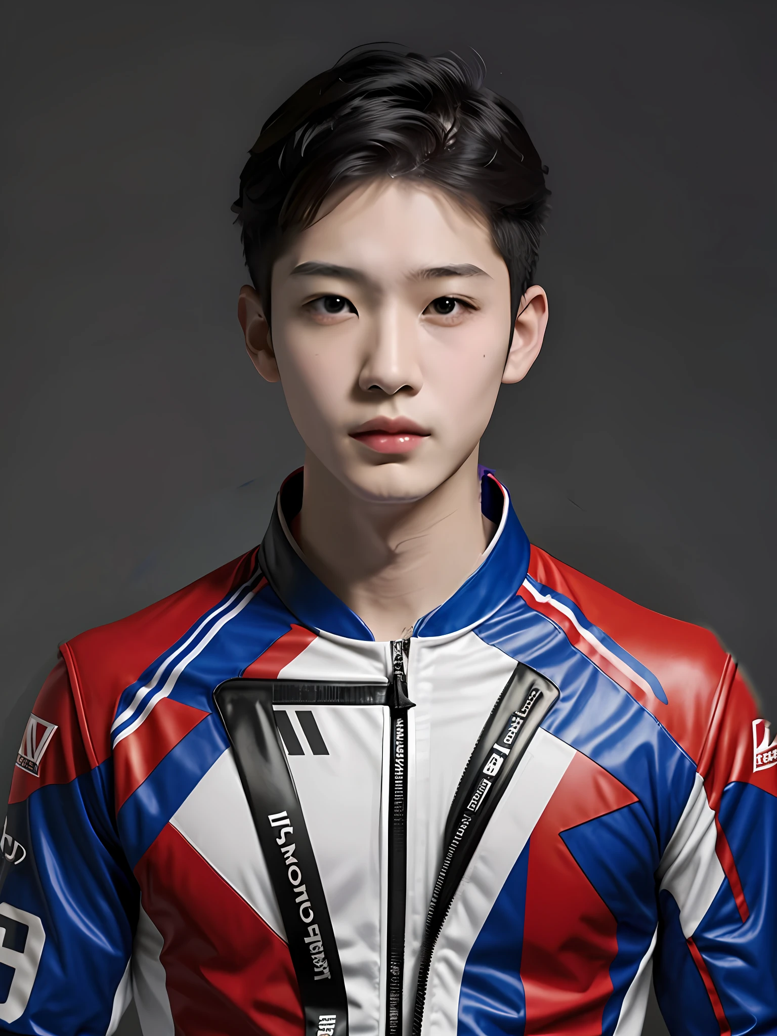 A Chinese male high school student,PVC red racing suit,Green middle hair