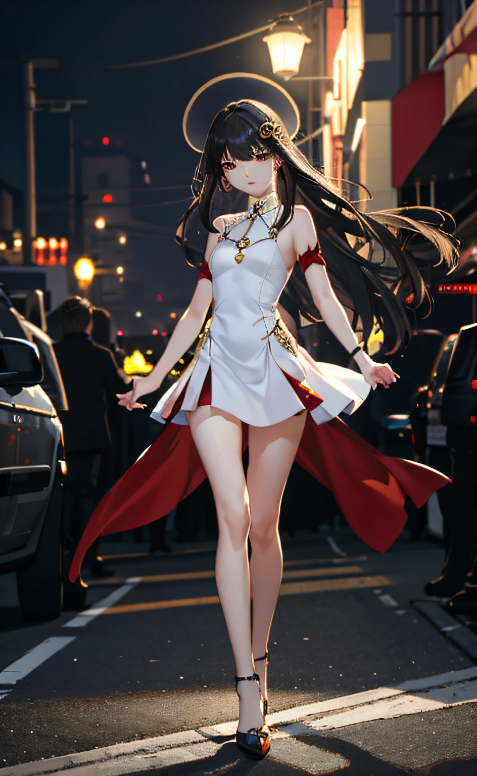 tmasterpiece，high qulity，real photograph,1girl,Beautiful face，largeeyes，light make-up，Clavicle chain，Under street lights，nighttime scene，depth of fields，Central symmetry,Bigchest，Long legs，Open chest high slit cheongsam seduction gesture, Dramatic angles, geometric shapes, contrast of light and shadow,M bangs long hair, 清晰的线条, Ultra-high resolution，the sky background，