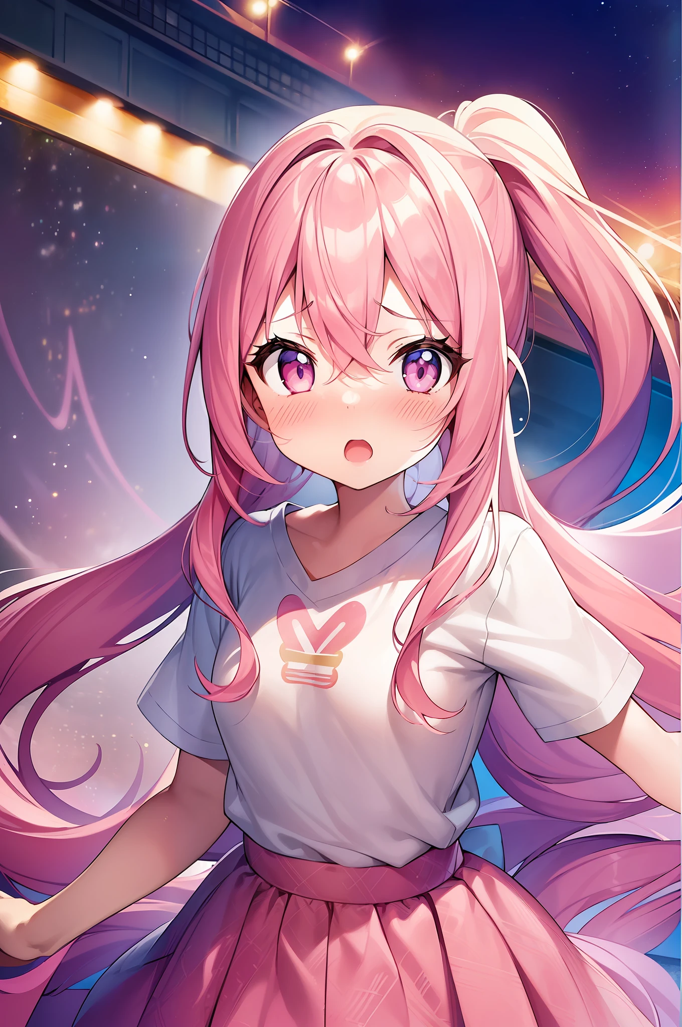 1girl. pink hair.long hair.twintails.{loli}.short stature.small breast.white t-shirts.skirt. (((masterpiece))).(((best quality))).)((ultra-detailed))).(((illustration))).(((night view))).((blush)).((Opening Mouth)).((Open your eyes)).((Surprised face)).