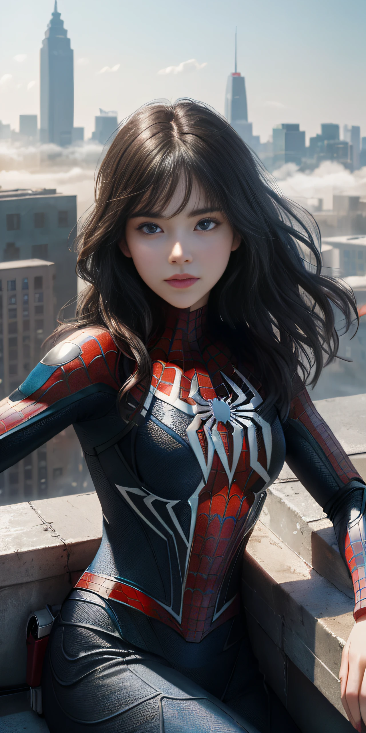 (1girl:1.3), Solo, (((Very detailed face)))), ((Very detailed eyes and face)))), Beautiful detail eyes, Body parts__, Official art, Unified 8k wallpaper, Super detailed, beautiful and beautiful, beautiful, masterpiece, best quality, original, masterpiece, super fine photo, best quality, super high resolution, realistic realism, sunlight, full body portrait, amazing beauty, dynamic pose, delicate face, vibrant eyes, (from the front), She wears Spider-Man suit, red and black color scheme, spider, very detailed city roof background, rooftop, overlooking the city, detailed face, detailed complex busy background, messy, gorgeous, milky white, highly detailed skin, realistic skin details, visible pores, clear focus, volumetric fog, 8k uhd, DSLR, high quality, film grain, fair skin, photo realism, lomography, futuristic dystopian megalopolis, translucent