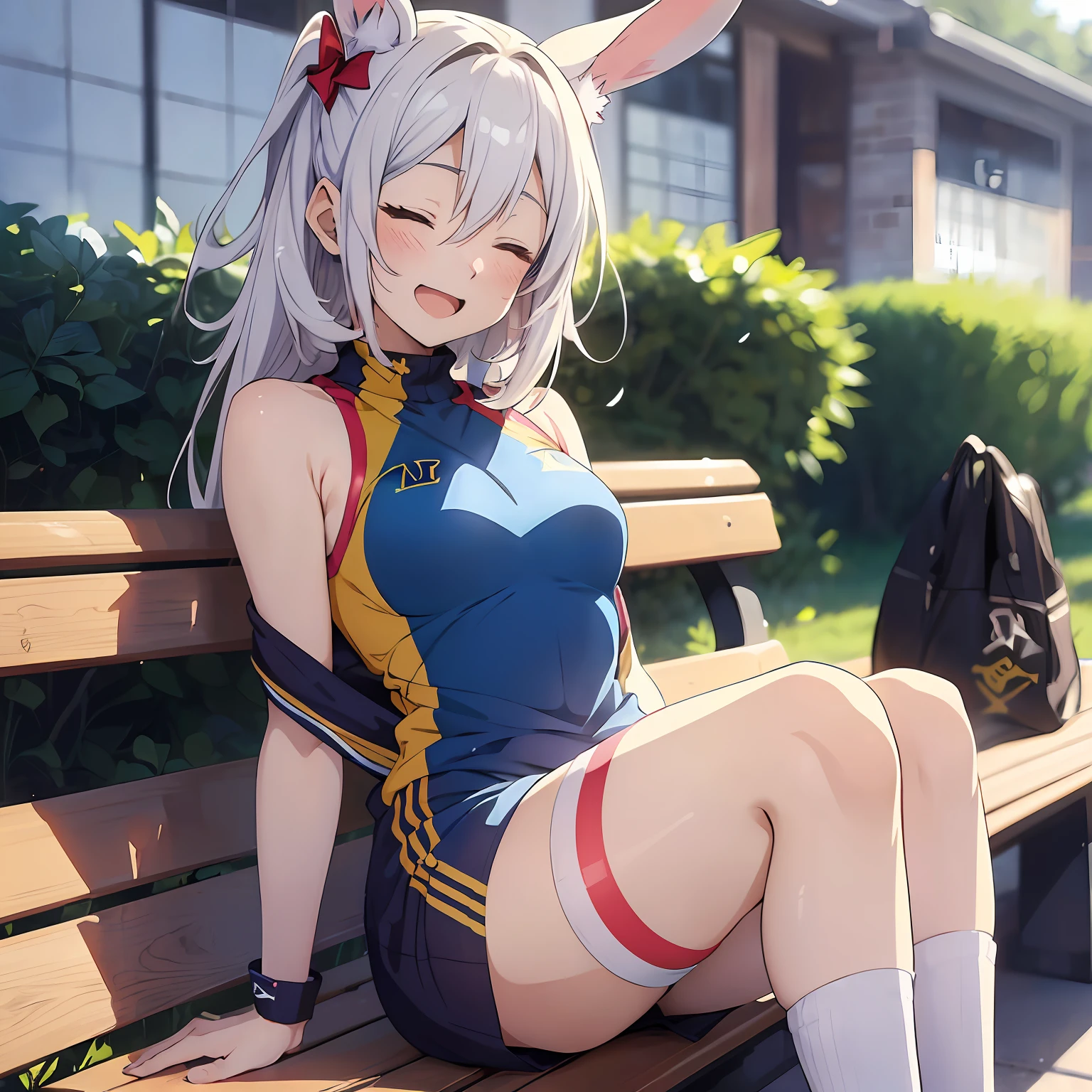 (((Anime style.1.4)))Rabbit-eared girl (Close your eyes and open your mouth to smile:1.3) cheering cheerleaders Sitting on a bench Sweating
