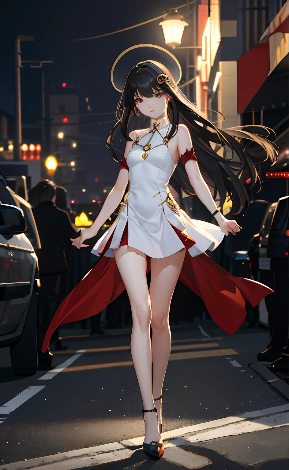 tmasterpiece,high qulity,real photograph,1girl,Beautiful face,largeeyes,light make-up,Clavicle chain,Under street lights,nighttime scene,depth of fields,Central symmetry,Bigchest,Long legs,Open chest high slit cheongsam seduction gesture, Dramatic angles, geometric shapes, contrast of light and shadow,M bangs long hair, 清晰的线条, Ultra-high resolution,the sky background,