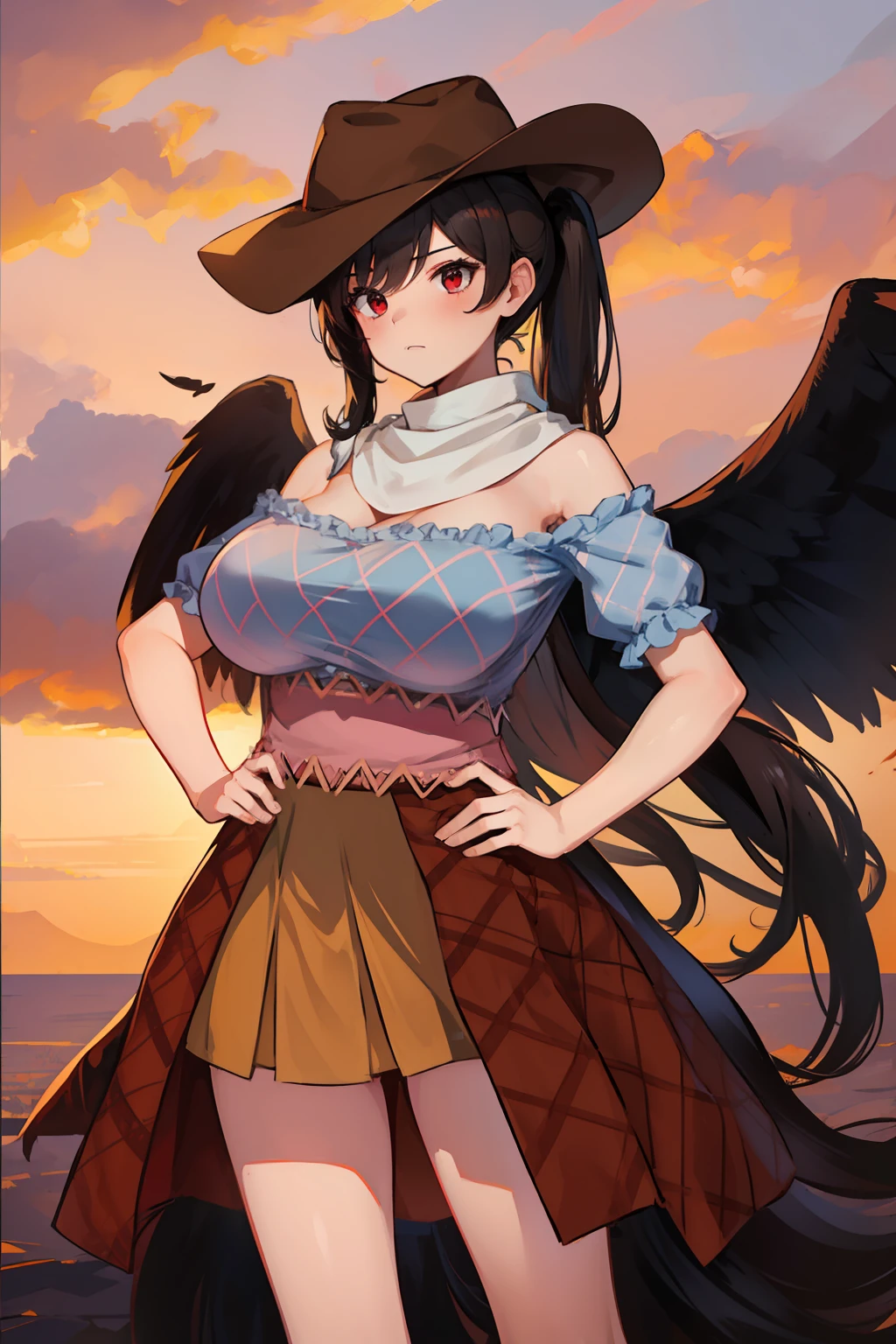 (masterpiece),best quality, expressive eyes, perfect face, 1girl,
big breast, H-cup, good breast, beautiful, gorgeous,anime,girl,lora, floating clothes, tent chest ,
 nipple visible  though clothes,Saki Kurokoma,
red eyes,
black hair,
short hair,
long ponytail,
black wings,
black horse tail,
brown cowboy hat,
brown boots,
light blue plaid shirt,
light pink shirt,
brown plaid skirt,
light orange skirt,
shoulders,
white bandana tied around neck,hands on waist, hands on hips