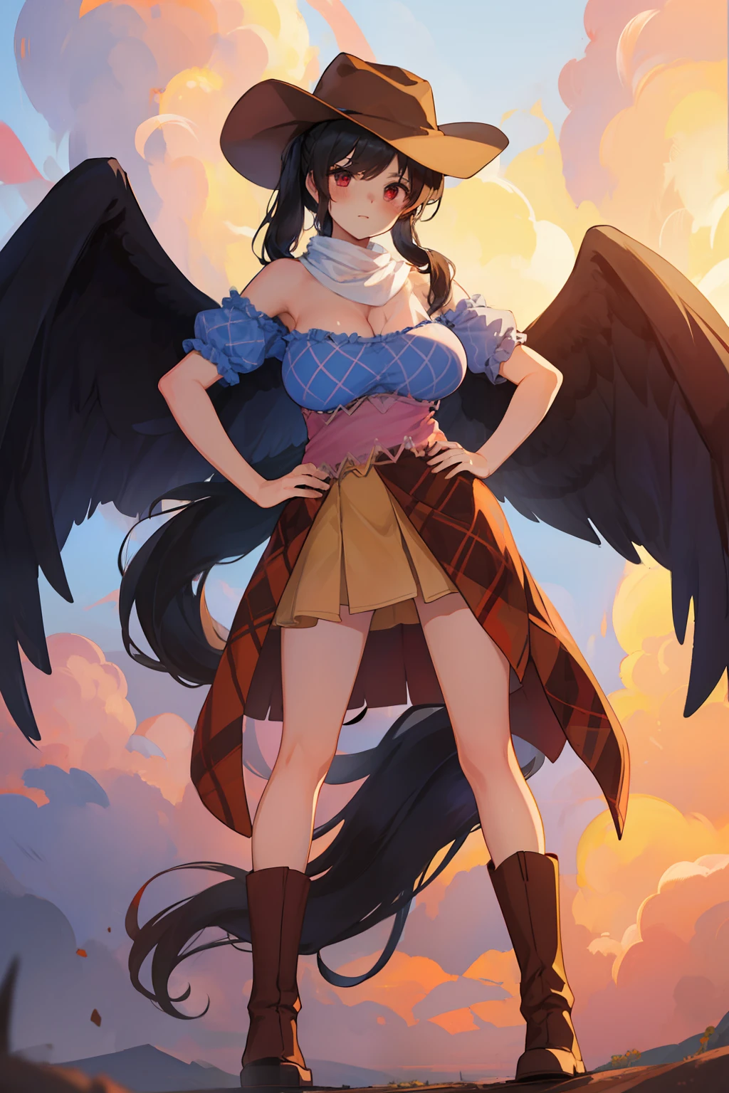 (masterpiece),best quality, expressive eyes, perfect face, 1girl,
big breast, H-cup, good breast, beautiful, gorgeous,anime,girl,lora, floating clothes, tent chest ,
 nipple visible  though clothes,Saki Kurokoma,
red eyes,
black hair,
short hair,
long ponytail,
black wings,
black horse tail,
brown cowboy hat,
brown boots,
light blue plaid shirt,
light pink shirt,
brown plaid skirt,
light orange skirt,
shoulders,
white bandana tied around neck,hands on waist, hands on hips