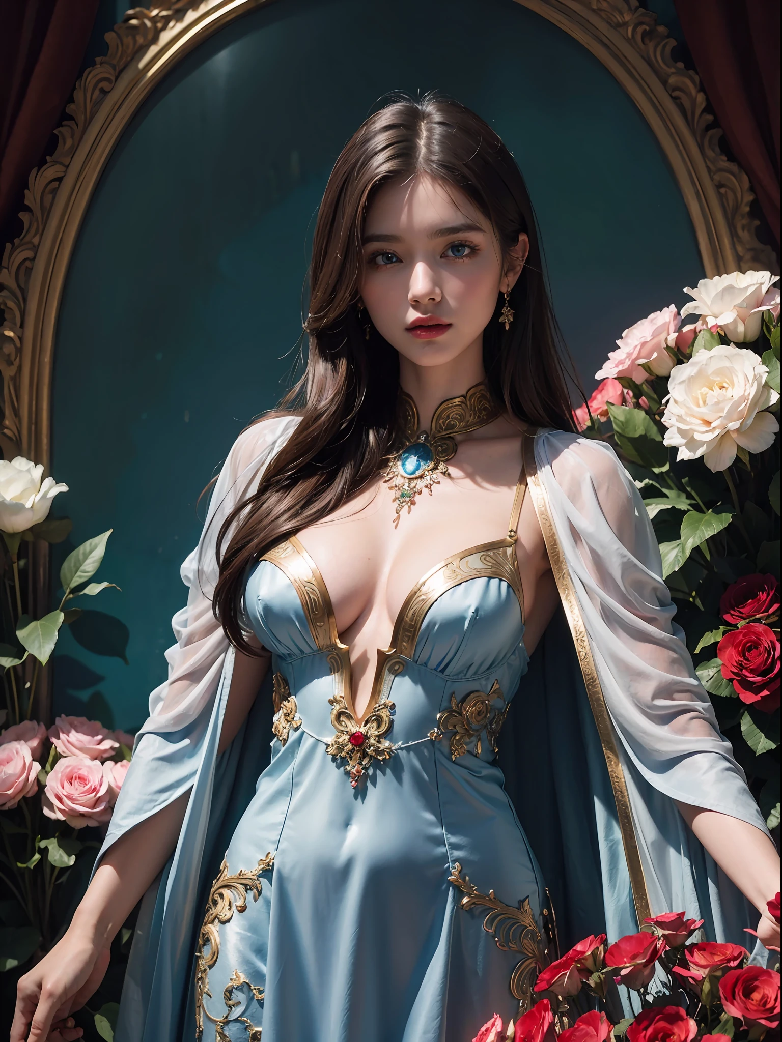 (((masterpiece))), (((best quality))), ((ultra-detailed)), (illustration), 1girl, beautiful detailed eyes, glowing blue eyes, brown hair, red and gold and metal intricate fantasy dress armor attire, wearing a white cape, high quality cloth, expensive cloth, high resolution cloth texture, detailed folds and wrinkles, dynamic pose, cowboy shot, glow. flowers, red pink white flowers, wall of flowers,