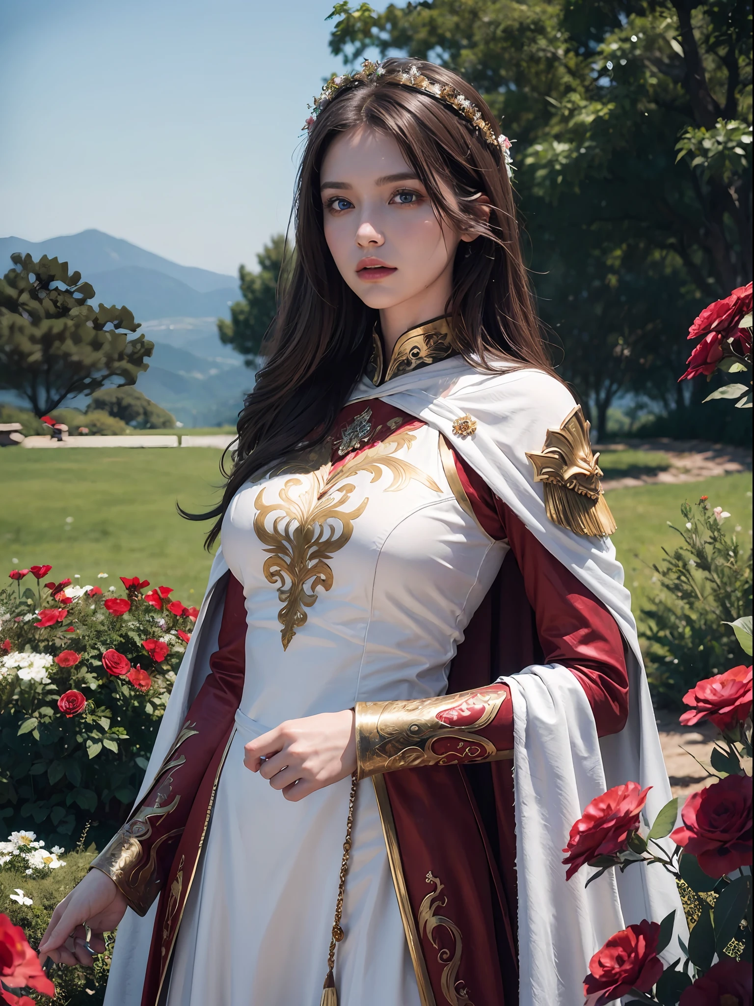 (((masterpiece))), (((best quality))), ((ultra-detailed)), (illustration), 1girl, beautiful detailed eyes, glowing blue eyes, brown hair, red and gold and metal intricate fantasy dress armor attire, wearing a white cape, high quality cloth, expensive cloth, high resolution cloth texture, detailed folds and wrinkles, dynamic pose, cowboy shot, glow. flowers, red pink white flowers, wall of flowers,