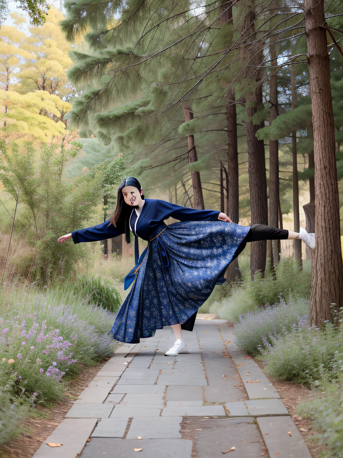 There was a woman standing on the sidewalk in the woods, inspired by Ma Yuanyu, playful pose of a dancer, inspired by Miao Fu, wearing a blue qipao dress, dressed with long fluent clothes, twirl, wearing hakama, inspirado por Kim Jeong-hui, full bodyesbian!! Dynamic pose, with acient chinese clothes, full pose