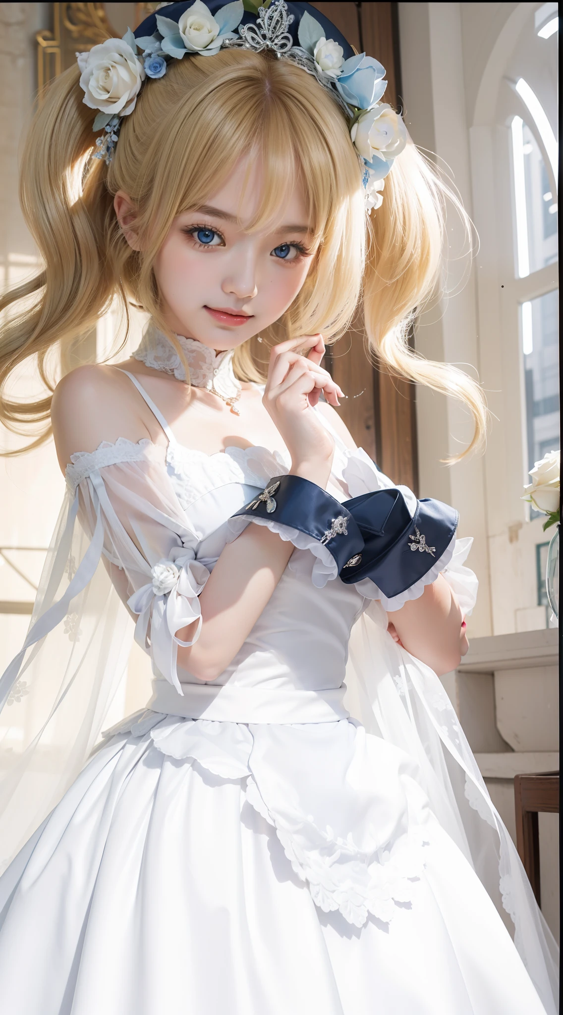 Best quality at best，超高分辨率，（真实感：1.4），（beuaty girl：1.4），Detailed facial details，Beautiful detailed eyes，coiffed blonde hair，light blue  eyes，Slim，Wearing a white and blue wedding dress，White wedding bandana，haunting smile，Behind it is a cluster of white roses，chapel windows，Very meticulous clothes，Young and cute Korean face，with a round face，heart - shaped face，barbara（Genshin Impact），plain face