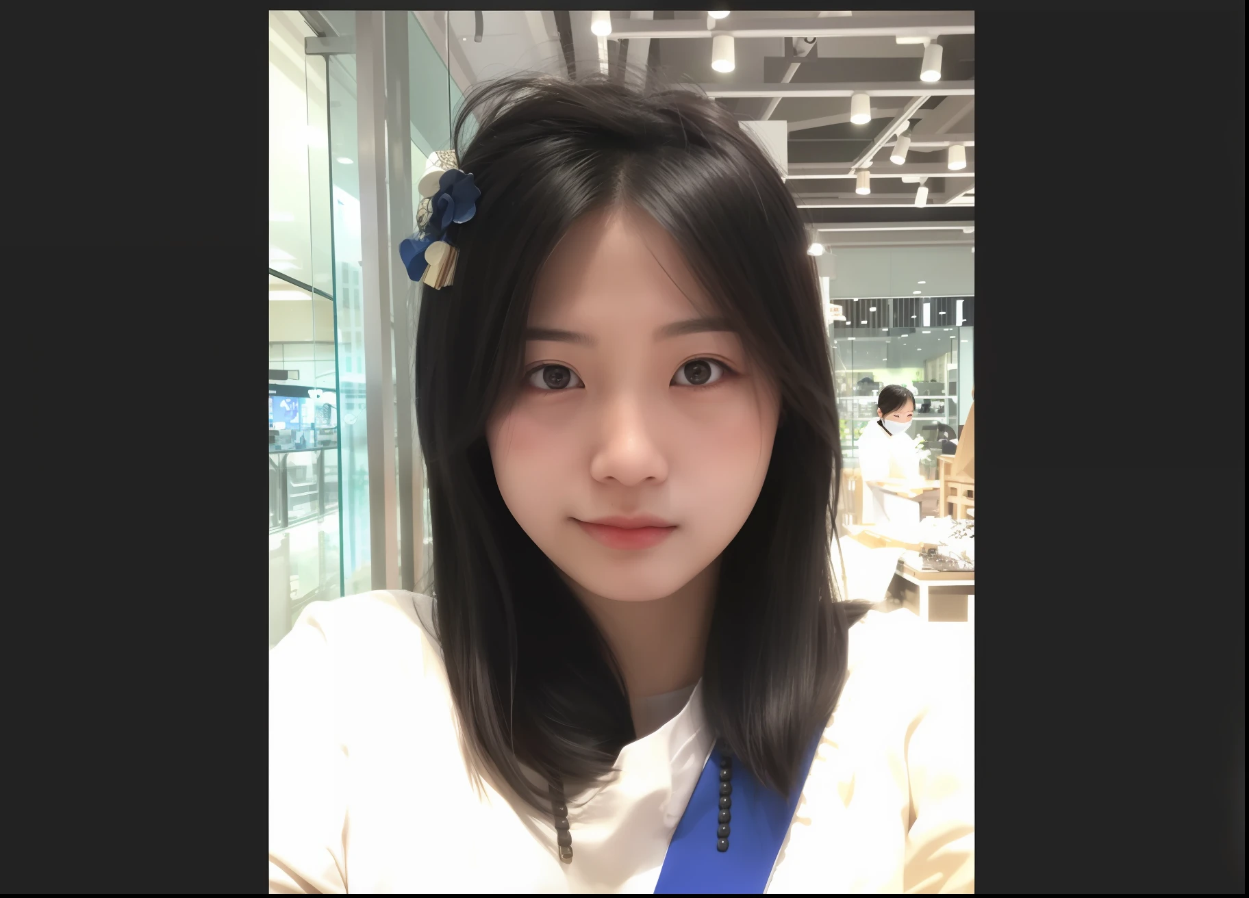 There was a woman with a blue ribbon around her neck, wenfei ye, xintong chen, Lin Qifeng, Yun Ling, chengyou liu, Zhang Wanting, xision wu, young cute wan asian face, jaeyeon nam, wenjun lin, Wang Qichao, Zhang Pengzhen, with round face, zhelong xu, wei wang,Detail portrayal,ultraclear,Write realistic and realistic personalities,Detailed light and shadow,Ray traching。