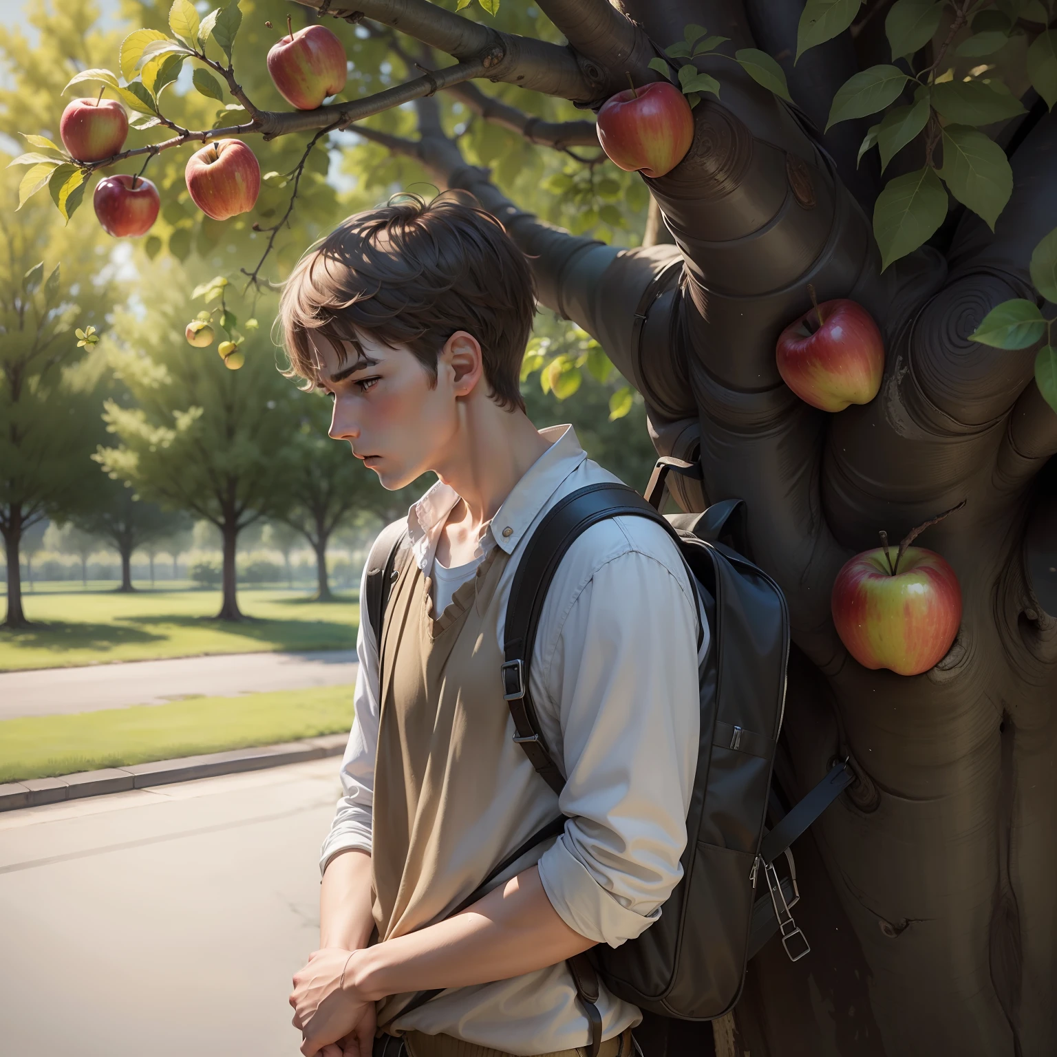 apple tree with a man teenager upset in front
