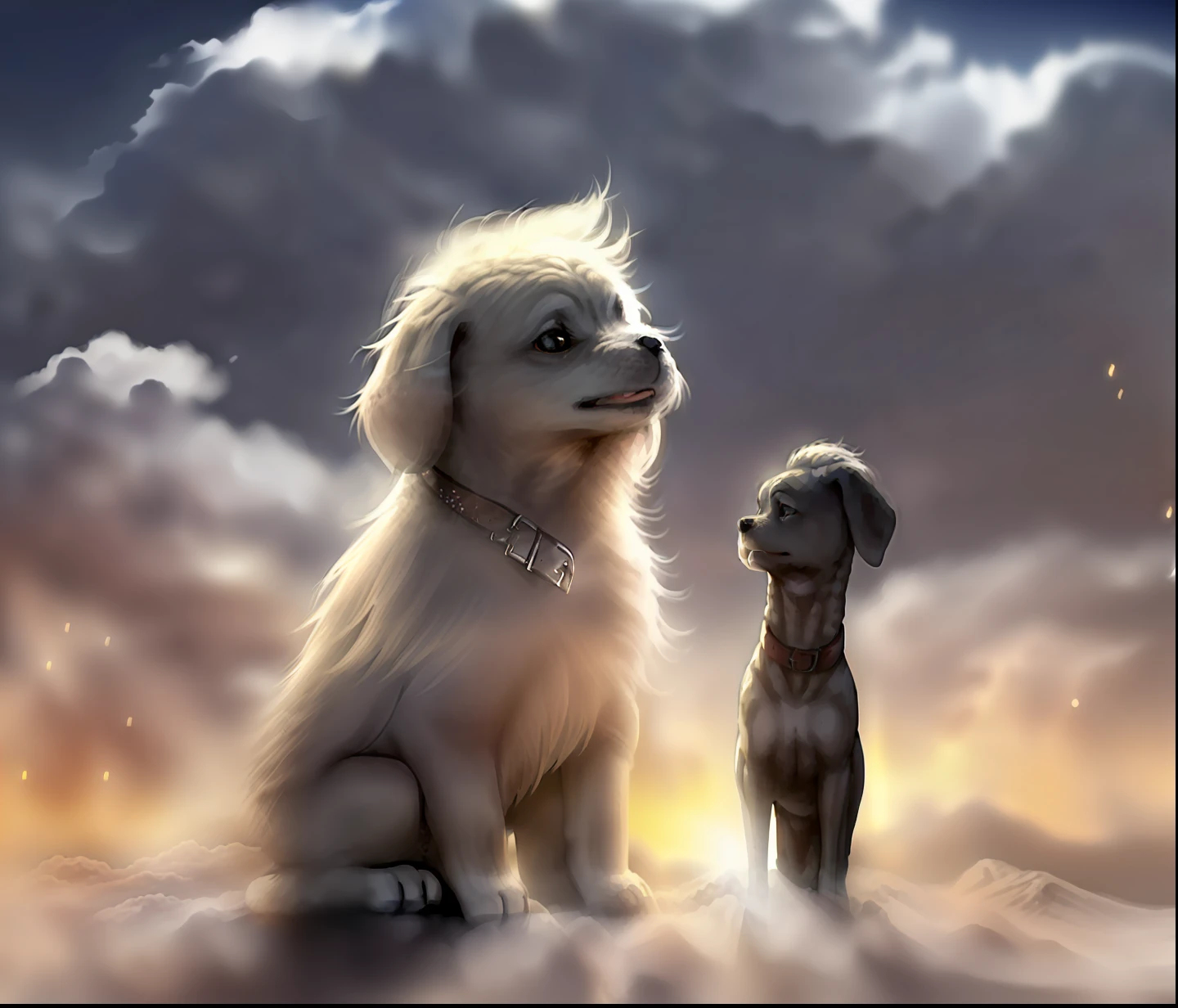 Boy and dog in the clouds,magical scene