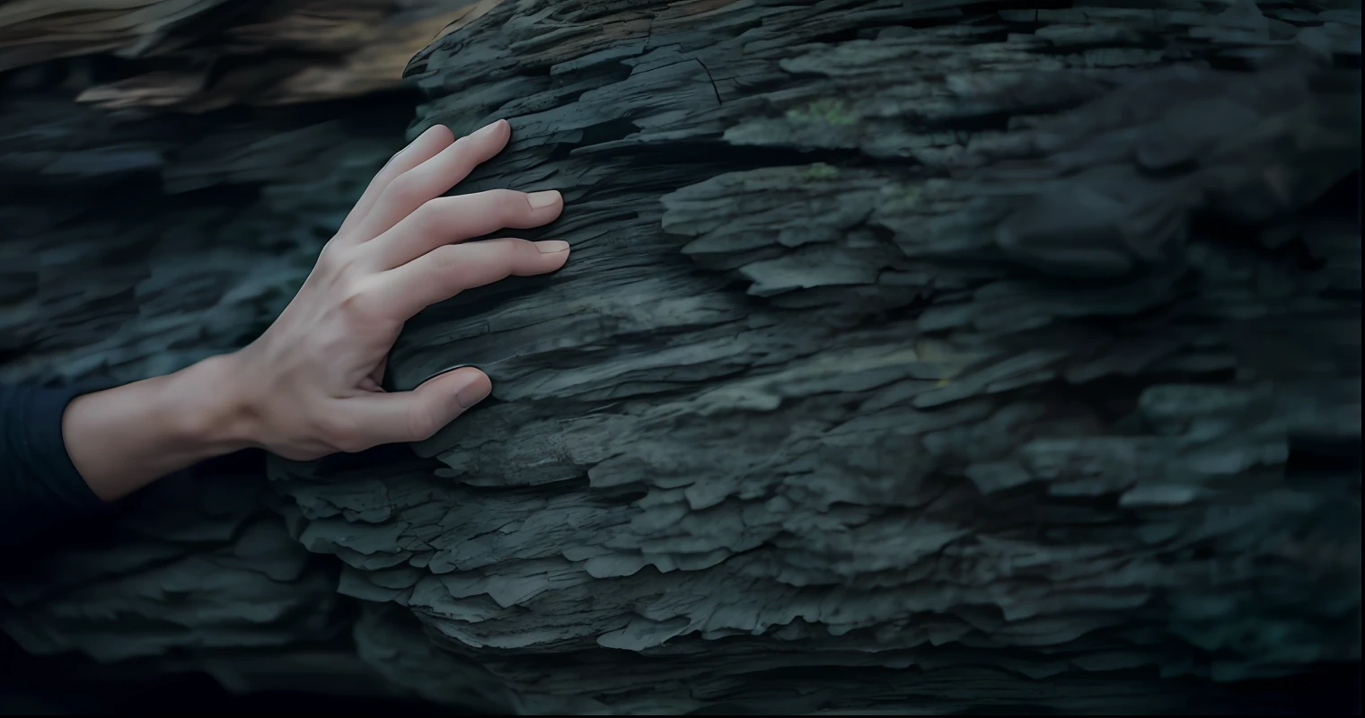 Someone touches the stone with their hand, touching tree in a forest, holding a wood piece, Hands hidden, Deep stone crevices, veiny hands, coherent hands, closeup of hands, hand photography, Stone hands raised, hands reaching for her, There are jagged rocks & eerie, Alessio Albi, ++++ super veiny hands