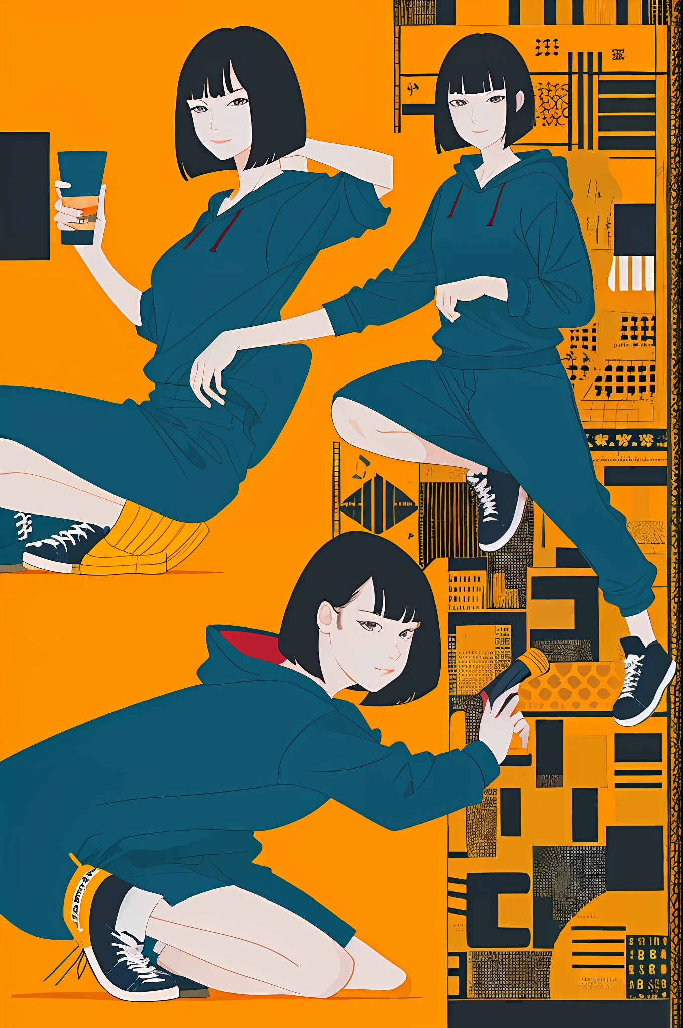 1girl in, Vector art, flat-colors, pop-art, Pattern, city scenery, Hoodie, Shorts, sneakers, bob cuts, Full body, Pose, Squatting, lofi color, (Hyperov), (masutepiece,Best Quality:1.5)