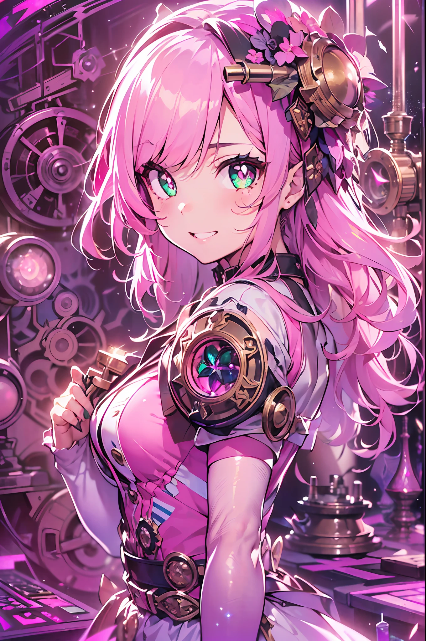 Steampunk style:2.hand over a bouquet((masutepiece))),((ultra-detailliert,Best Quality, hight resolution, Beautiful clothes,)),fullllbody,Fulll body Shot (1 girl)((Pink hair, Long hair,Straight hair,two side up)) (Green eyes),eyeshadows, eye line,gloweyes, ultradetailed eyes, intricate eyes, Beautiful eyes, ((Glowing pink pupils))18-year-old girl、frilld.Smile .Hourglass background、Big hourglass.((High contrast RGB effect, LED effect, Kaleidoscope effect, Shining Effect, Ripple Effect, Glitter RGB effect)) (Black background: 1.5)gear wheel