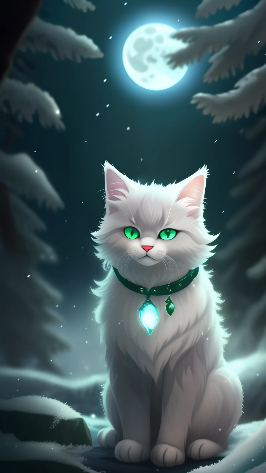 A cute black frosty cat frost upon his fur and paws with curly black mustache and goatee , deep green eyes, deep in the frosty snow of winter, silky blue collar, blowing snow, snowy haze, a full moon, a deep river, and a mysterious image. It's night but it's bright green fur bows of the night forest.