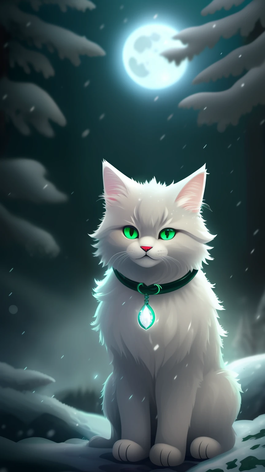 A cute black frosty cat frost upon his fur and paws with curly black mustache and goatee , deep green eyes, deep in the frosty snow of winter, silky blue collar, blowing snow, snowy haze, a full moon, a deep river, and a mysterious image. It's night but it's bright green fur bows of the night forest.