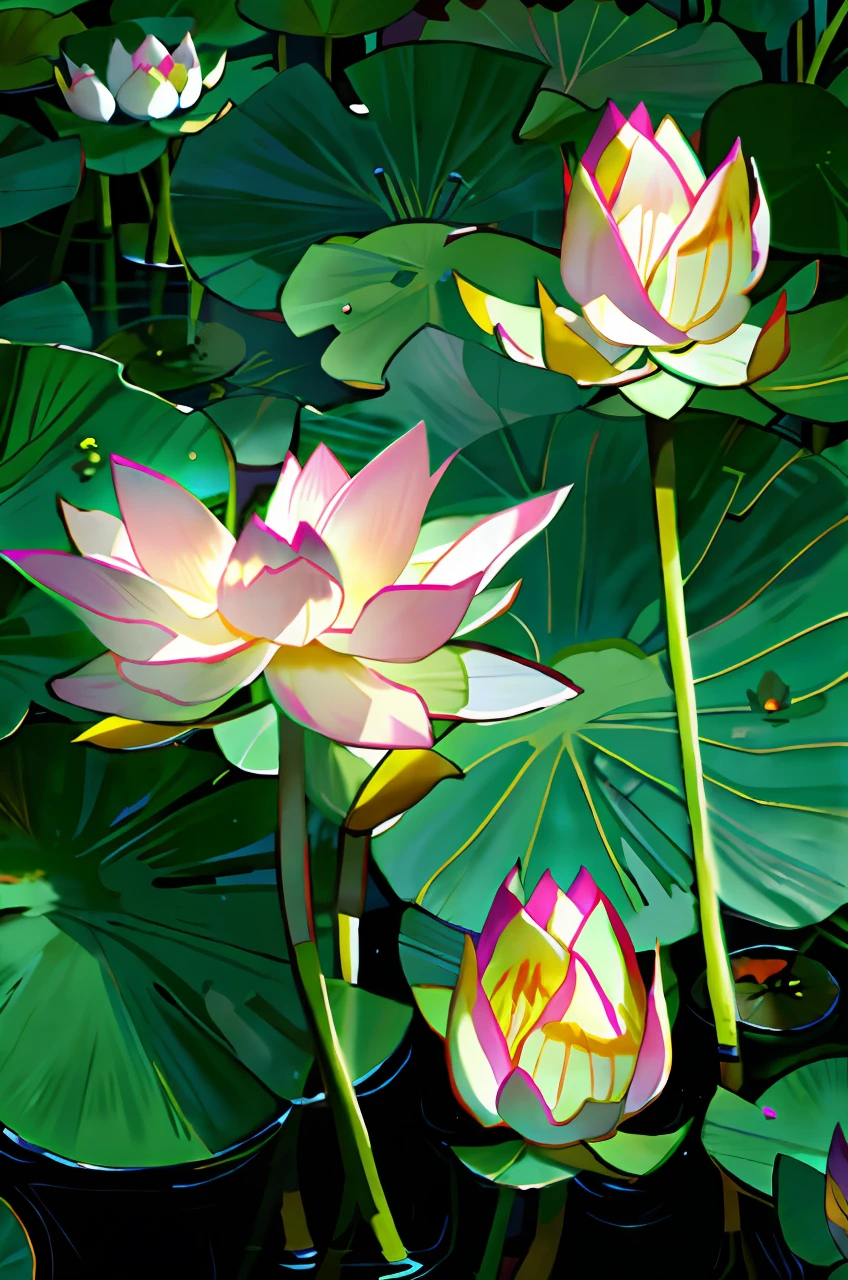 Lotus flowers blooming in a pond with large green leaves, lotuses, lotuses, Lotus, lotus petals, lotus flower, with lotus flowers, Pink lotus, Lotus pond,  lotus flowers on the water,Beautiful composition，Movie lighting，exquisitedetails