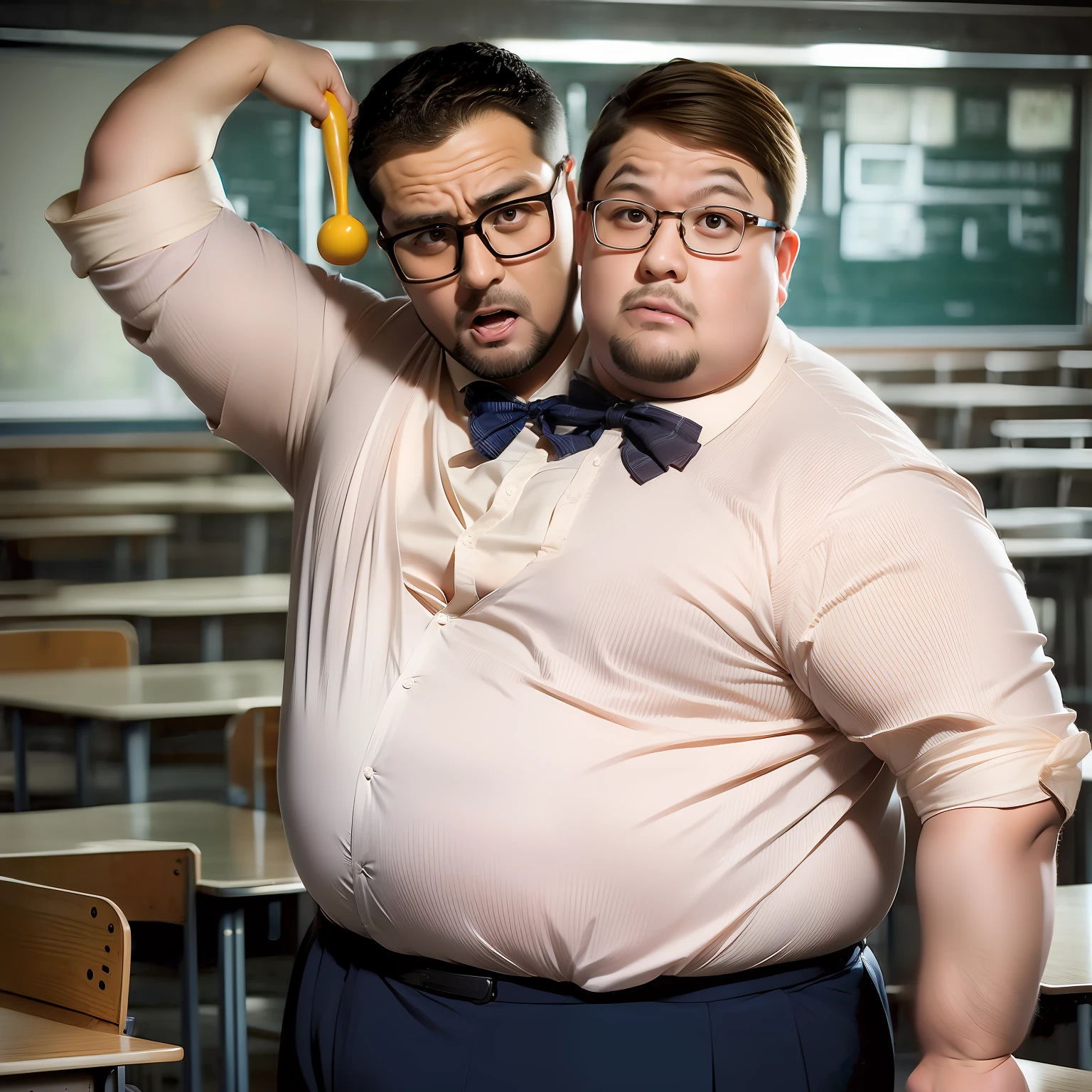 (((2heads))),  upper body, obese man,32 years old, schoolteacher, blonde,  brown hair, thick rimmed glasses, classroom background, armpitsshowing, angry expression, rosy cheeks, pants ripping